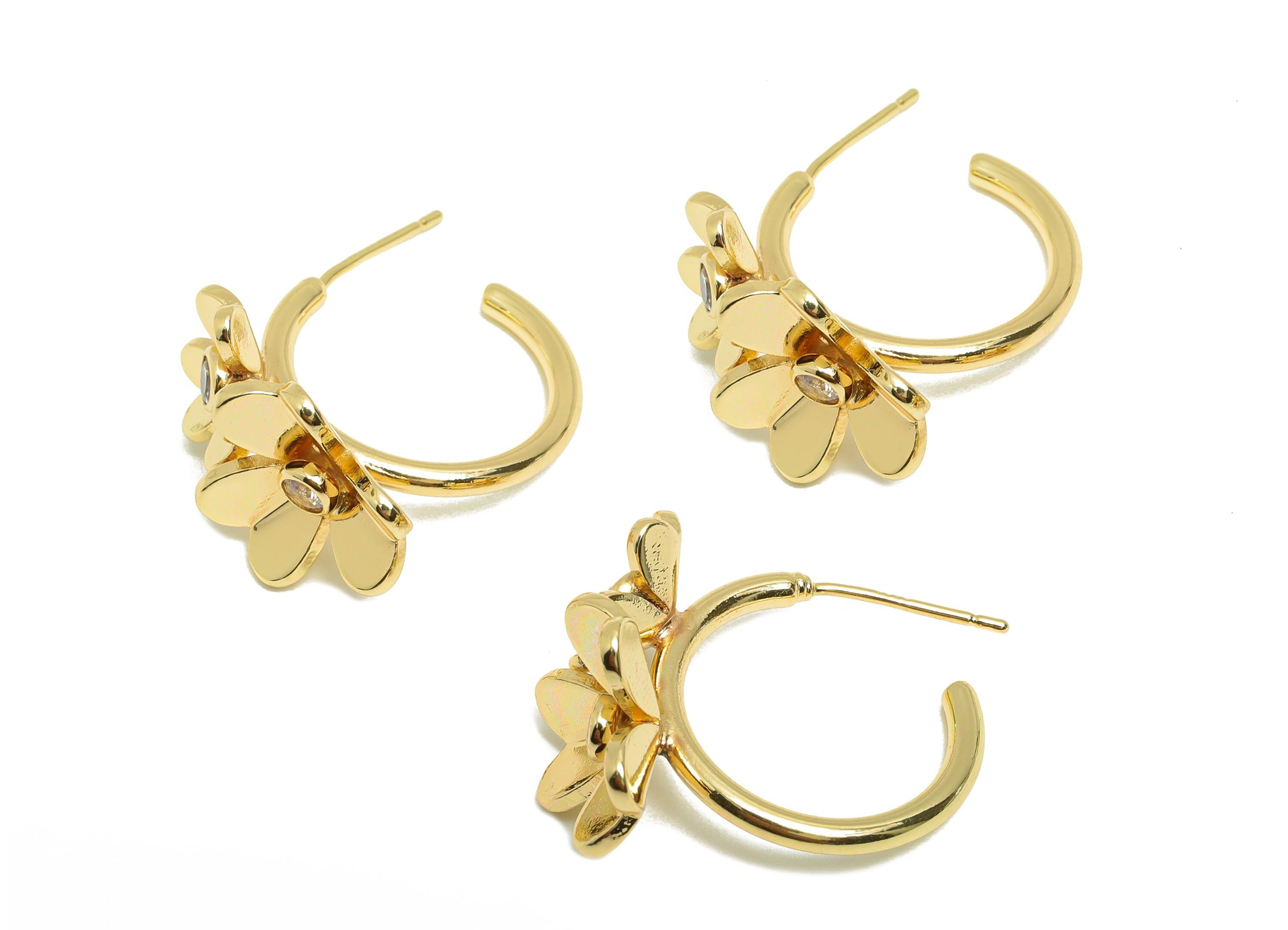 Brass Flower Earring Stud - Gold Zircon C Hoop Earring Post - Circle Daily Wear Earring - 18K Real Gold Plating -23.87x27.36x5.64mm- RGP9105 - DOMEDBAZAAR