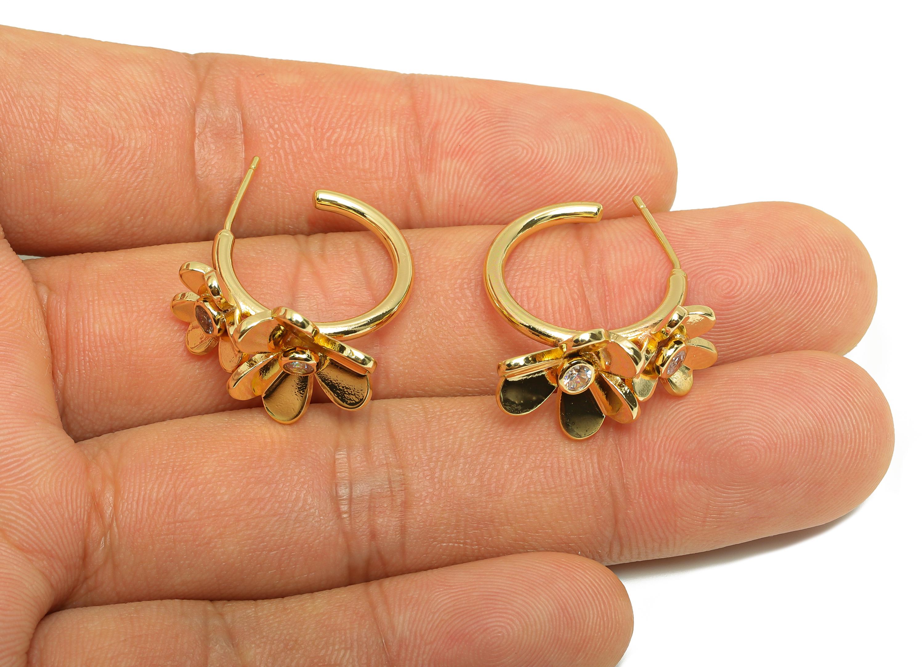 Brass Flower Earring Stud - Gold Zircon C Hoop Earring Post - Circle Daily Wear Earring - 18K Real Gold Plating -23.87x27.36x5.64mm- RGP9105 - DOMEDBAZAAR