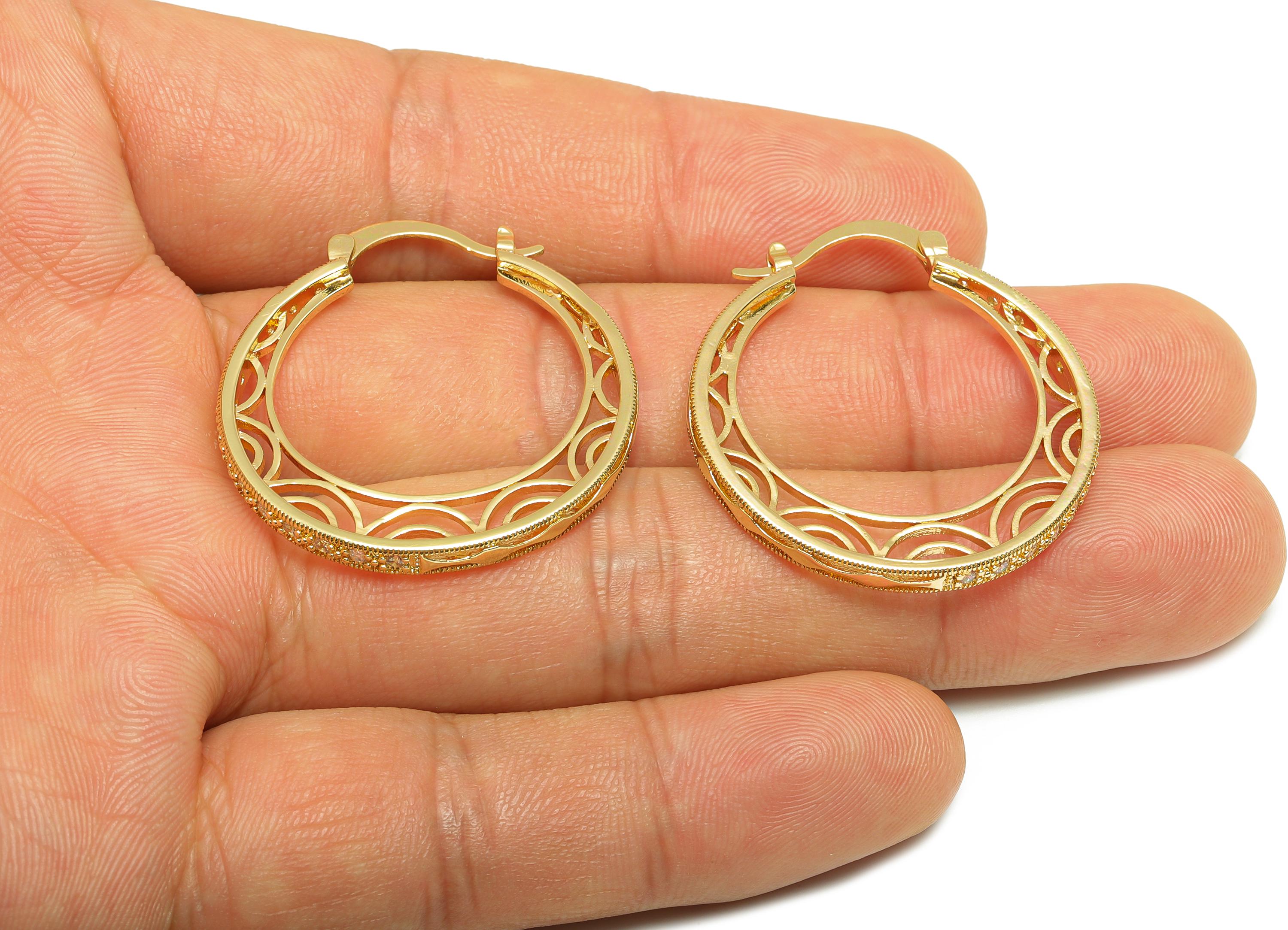 Brass Hinged Back Earring - Gold Zircon Hollow Huggie Earring - Textured Daily Wear Ear - 18K Real Gold Plated -34.08x30.74x2.39mm - RGP9110 - DOMEDBAZAAR