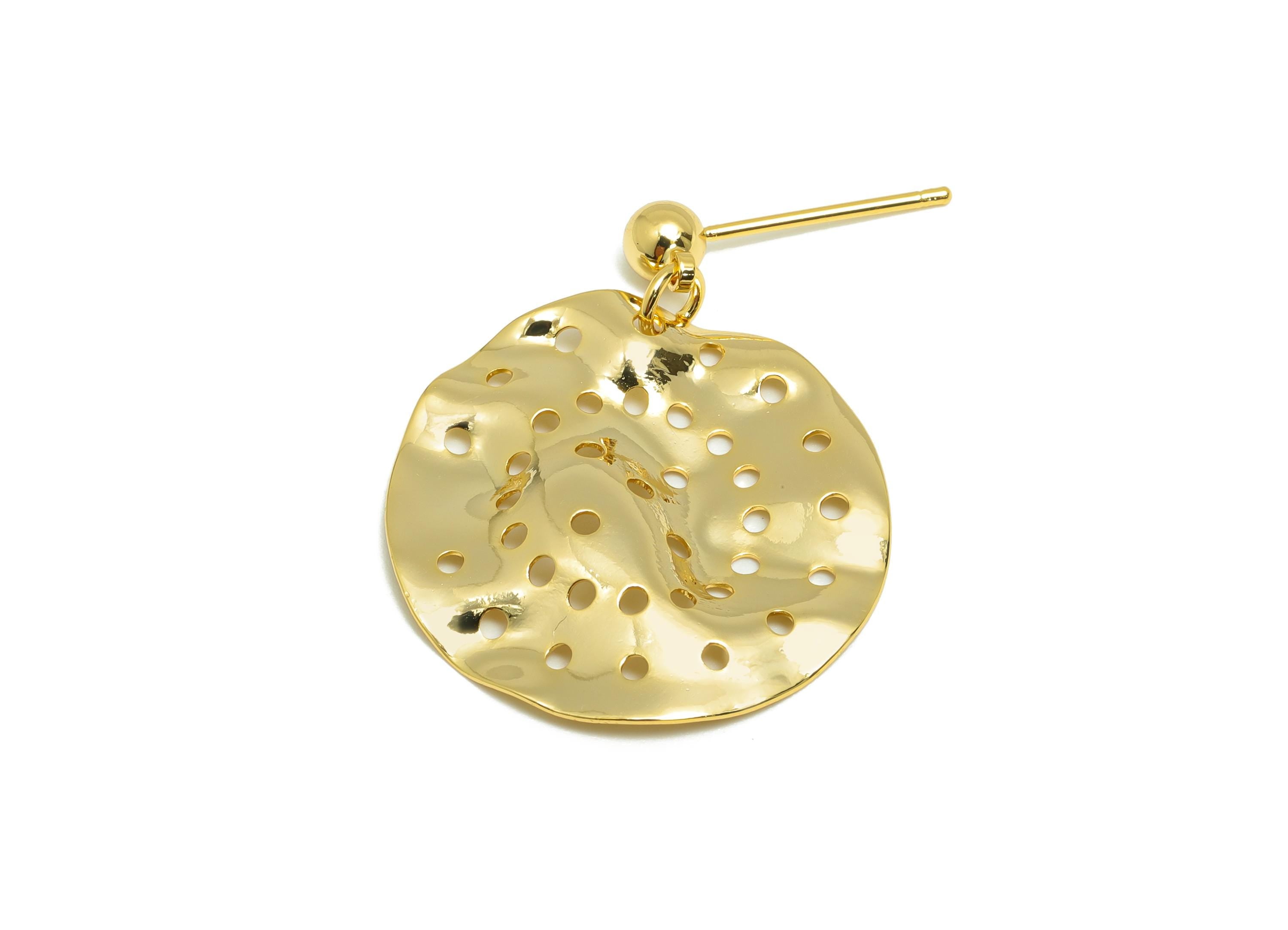 Brass Ball Dangle Earring - Hollow Earring for Women - Gold Hammered Dangle Earring Post - 18K Real Gold Plating -27.31x23.73x0.78mm-RGP9112 - DOMEDBAZAAR