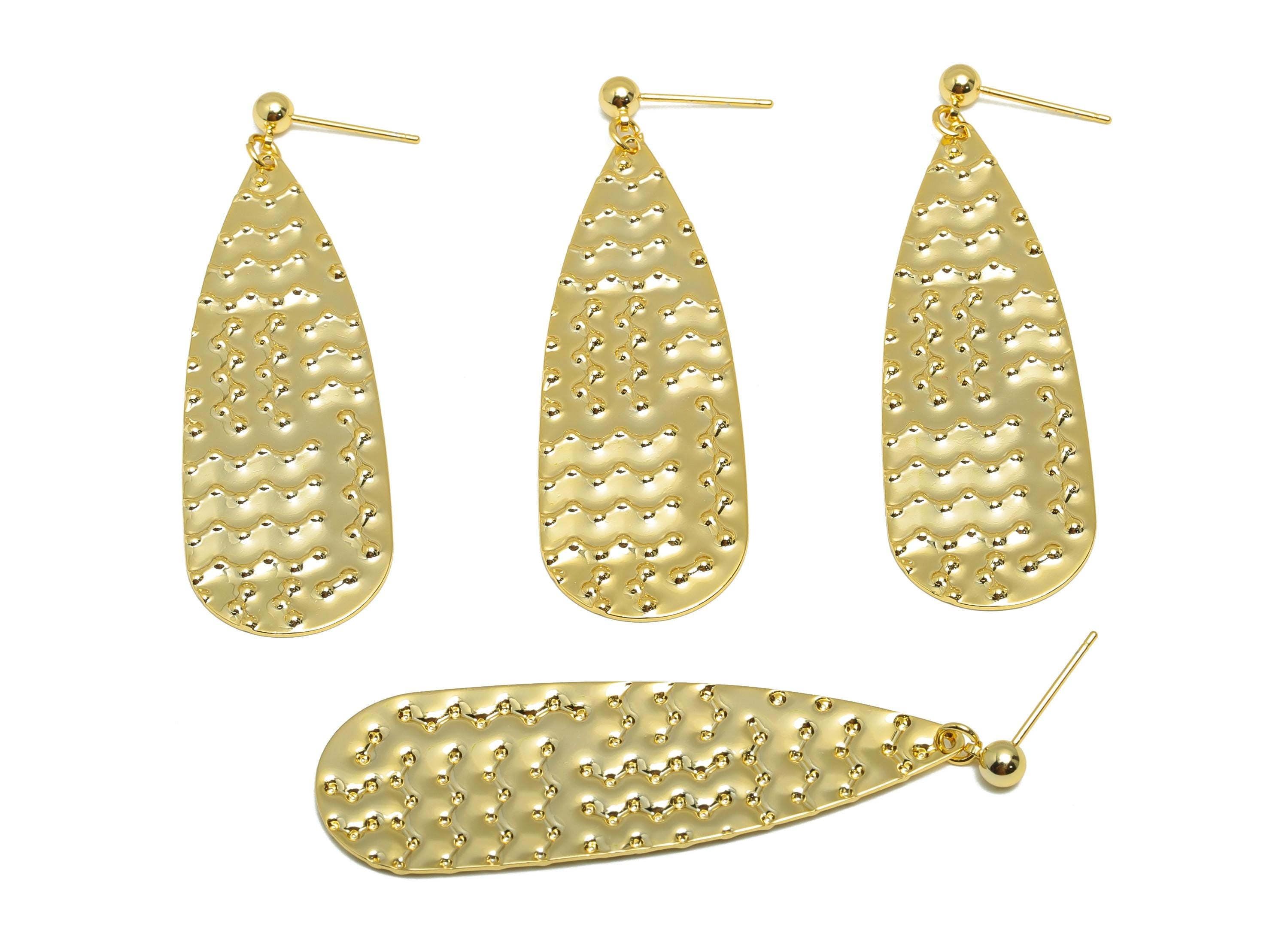 Brass Ball Dangle Earring - Teardrop Earring for Women - Gold Hammered Dangle Ear Post - 18K Real Gold Plating - 60.3x18.62x0.92mm - RGP9113 - DOMEDBAZAAR