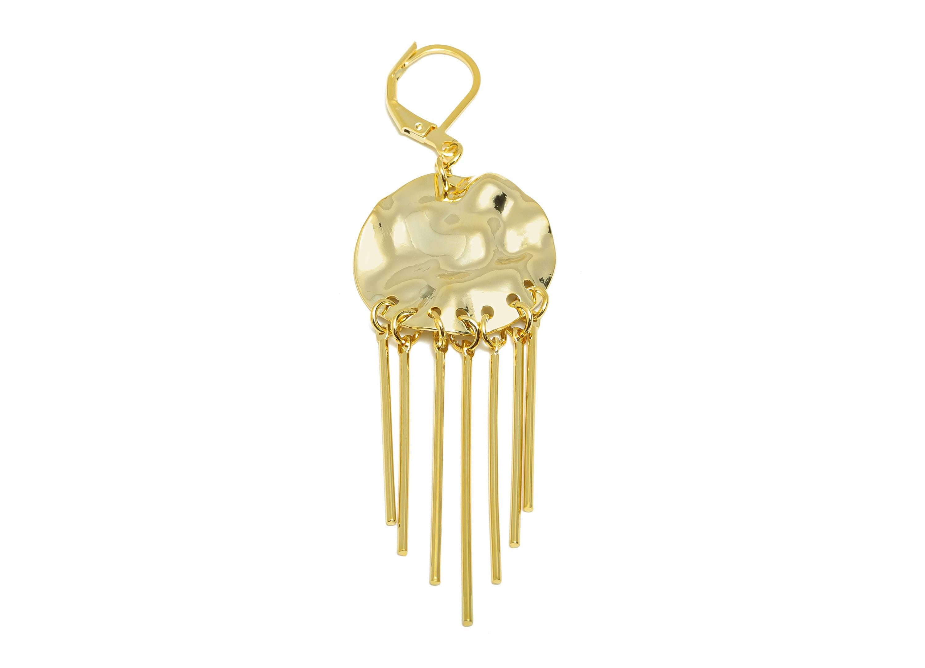 Brass Fringe Laverack Earring - Hammered Huggie Earring for Woman - Gold Dangle Earring - 18K Real Gold Plating - 71.9x22.17x0.79mm- RGP9116 - DOMEDBAZAAR