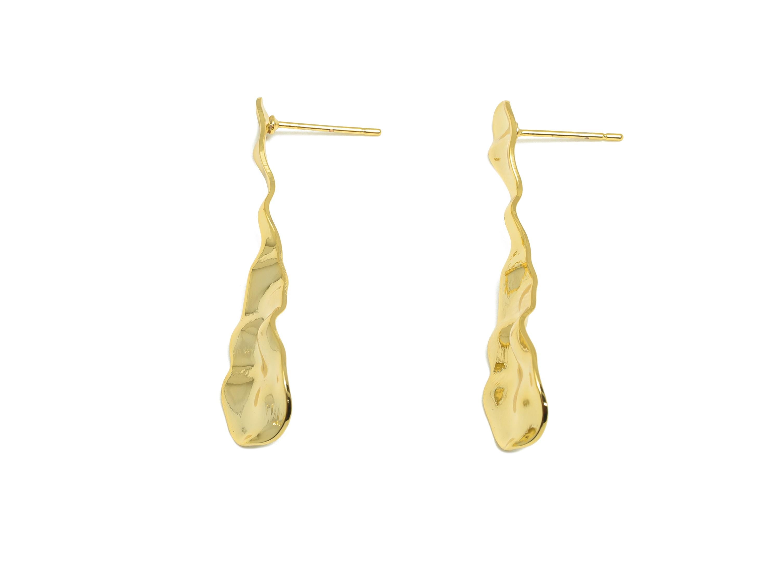 Brass Teardrop Earring Stud - Gold Hammered Earring Post for Girls - Daily Wear Earring - 18K Real Gold Plating -43.17x11.27x1.16mm- RGP9117 - DOMEDBAZAAR