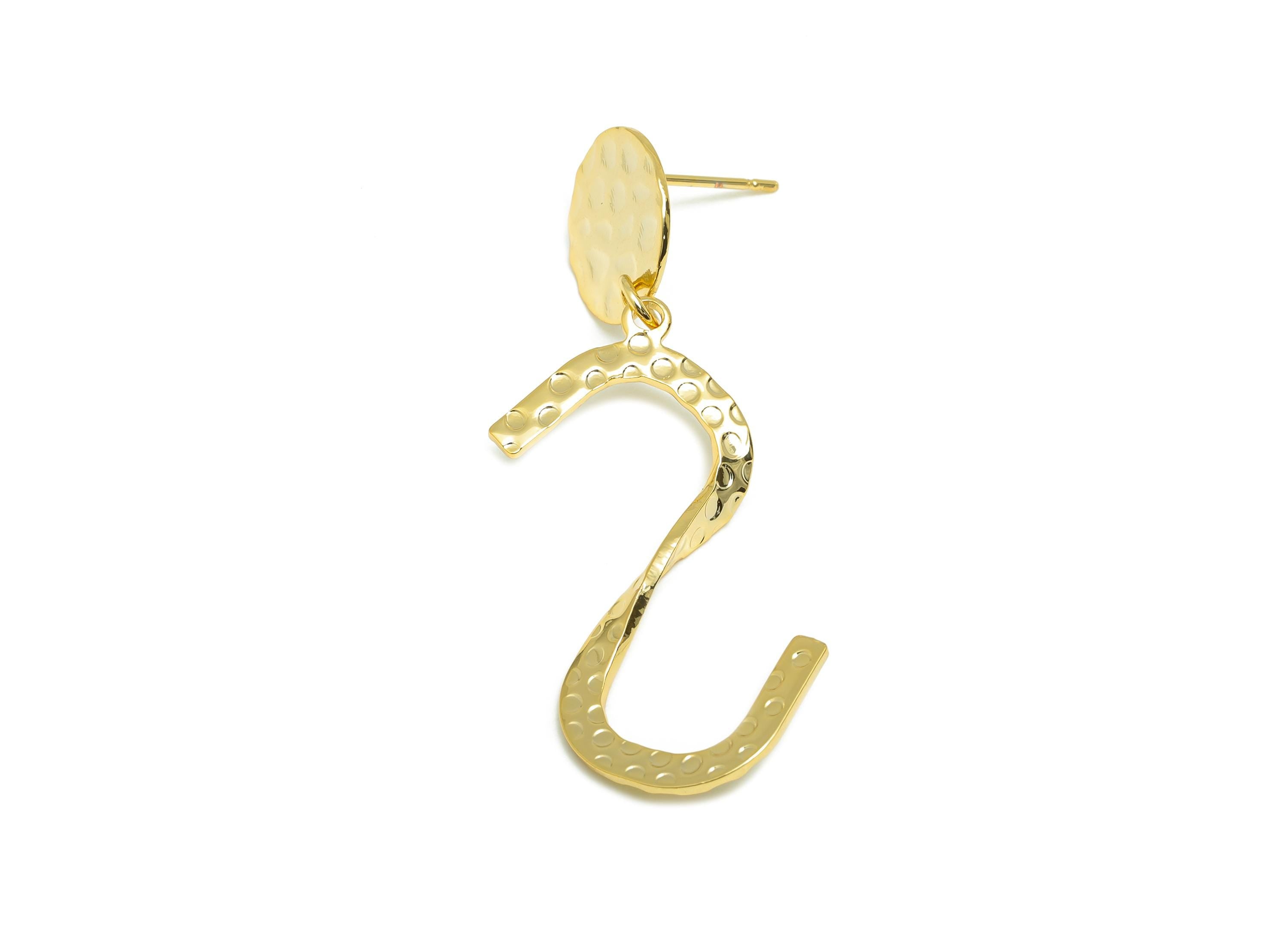 Brass Round Earring Stud - Wave S Dangle Earring for Girl - Gold Hammered Dangle Ear Post - 18K Real Gold Plating-44.85x19.78x0.74mm-RGP9119 - DOMEDBAZAAR