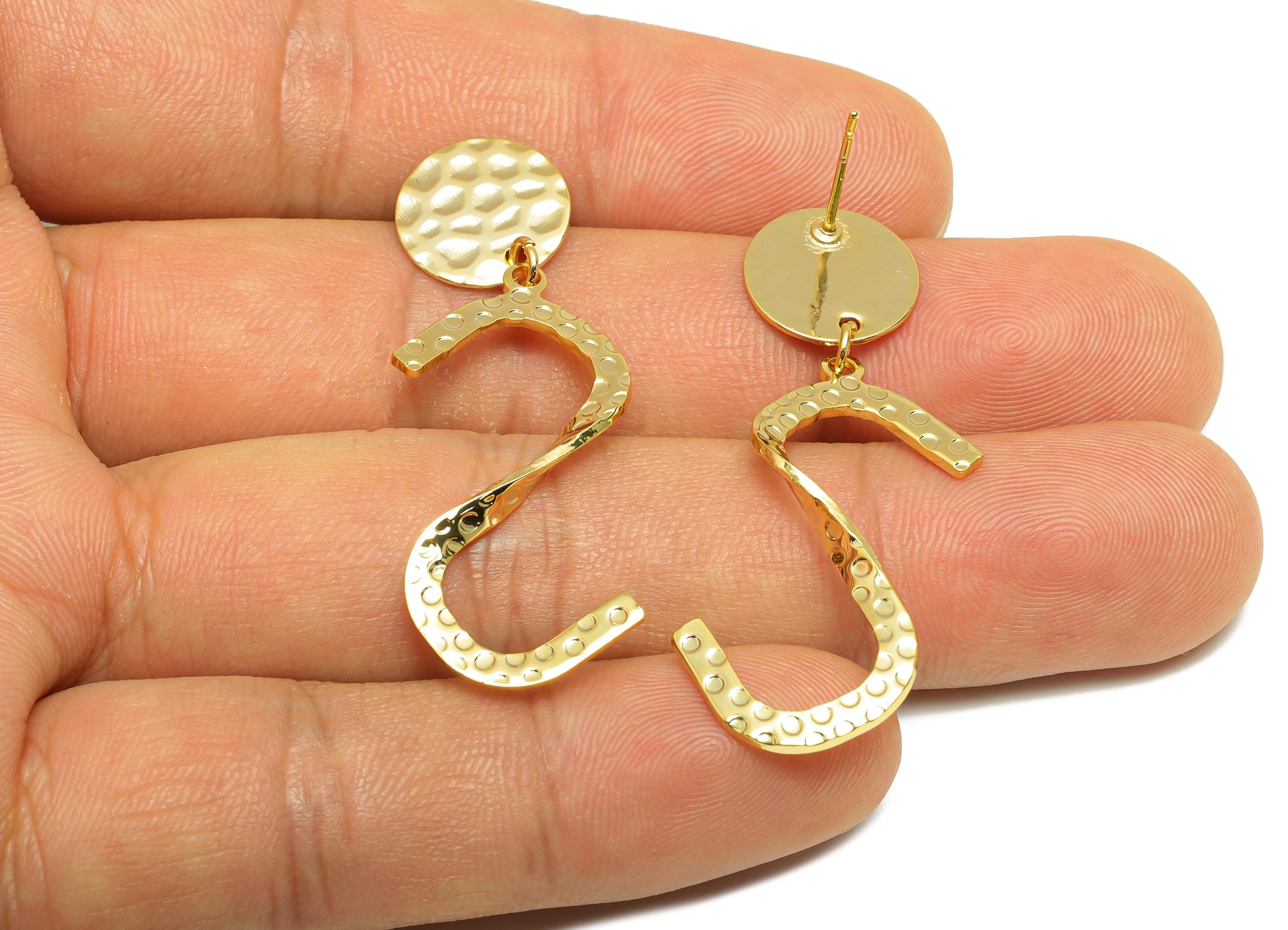 Brass Round Earring Stud - Wave S Dangle Earring for Girl - Gold Hammered Dangle Ear Post - 18K Real Gold Plating-44.85x19.78x0.74mm-RGP9119 - DOMEDBAZAAR
