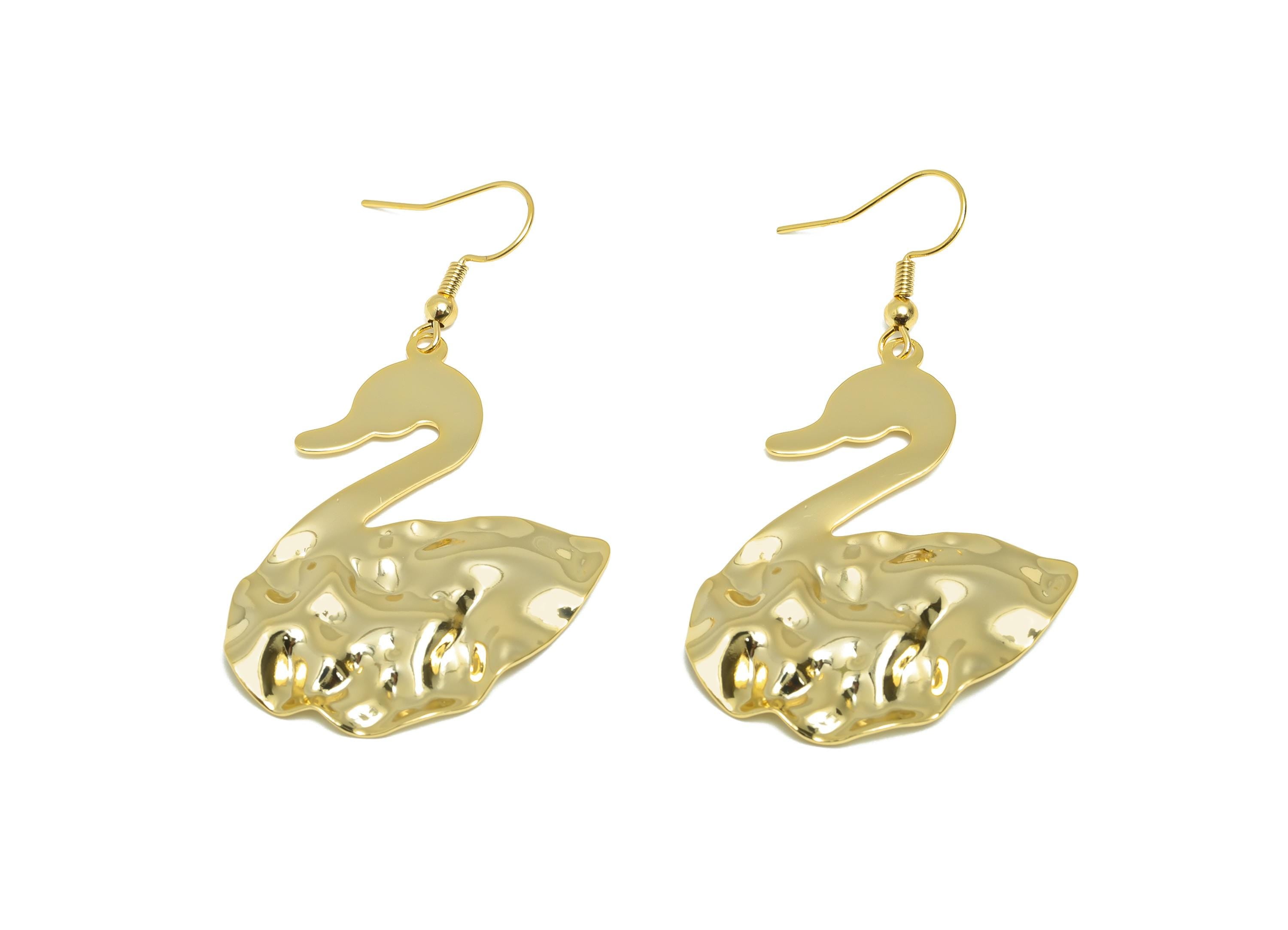Brass Swan Wire Hook - Gold Hammered Earring Hook - Elegant Bird Earring - Artistic Earring - 18K Real Gold Plated - 45x35x1mm - RGP9261 - DOMEDBAZAAR