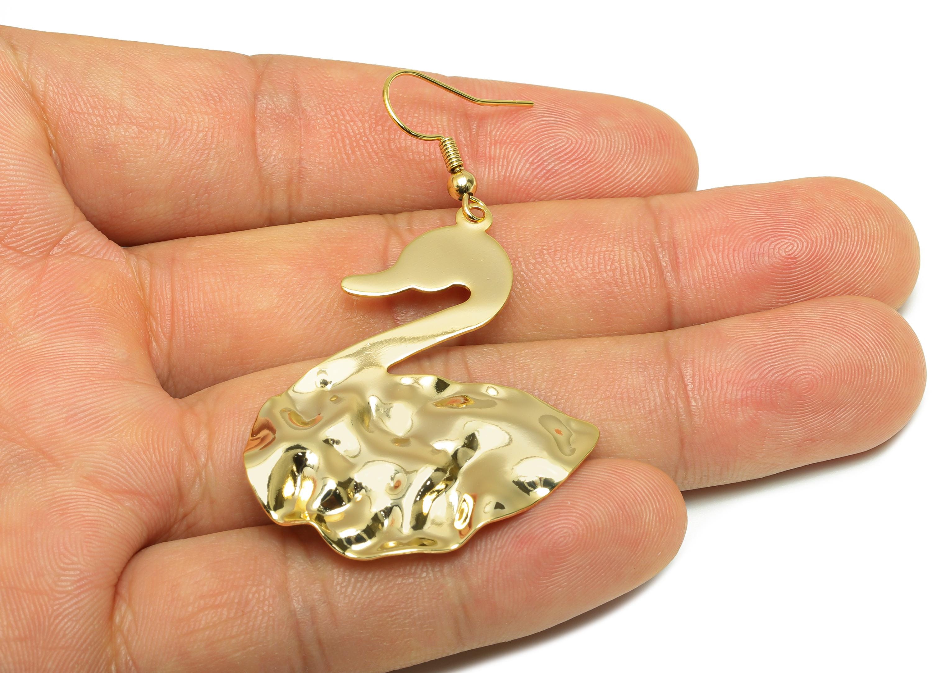 Brass Swan Wire Hook - Gold Hammered Earring Hook - Elegant Bird Earring - Artistic Earring - 18K Real Gold Plated - 45x35x1mm - RGP9261 - DOMEDBAZAAR