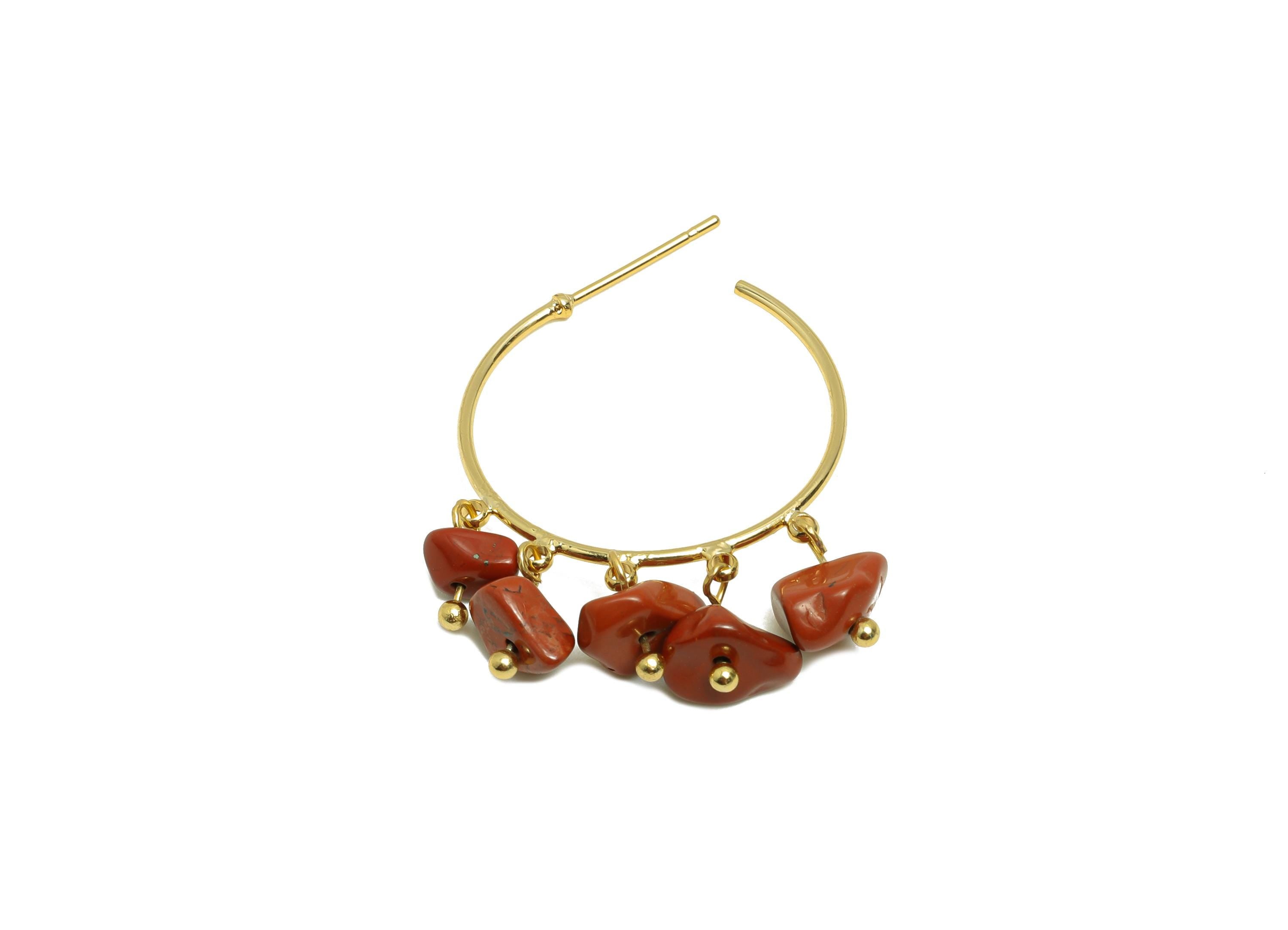 Red Jasper Hoop Earring - Brass Dangle Hoop Handmade Earring - Brass Boho Hoop C Earring Post - 18K Real Gold Plated - 37x25x4mm - RGP9283J - DOMEDBAZAAR