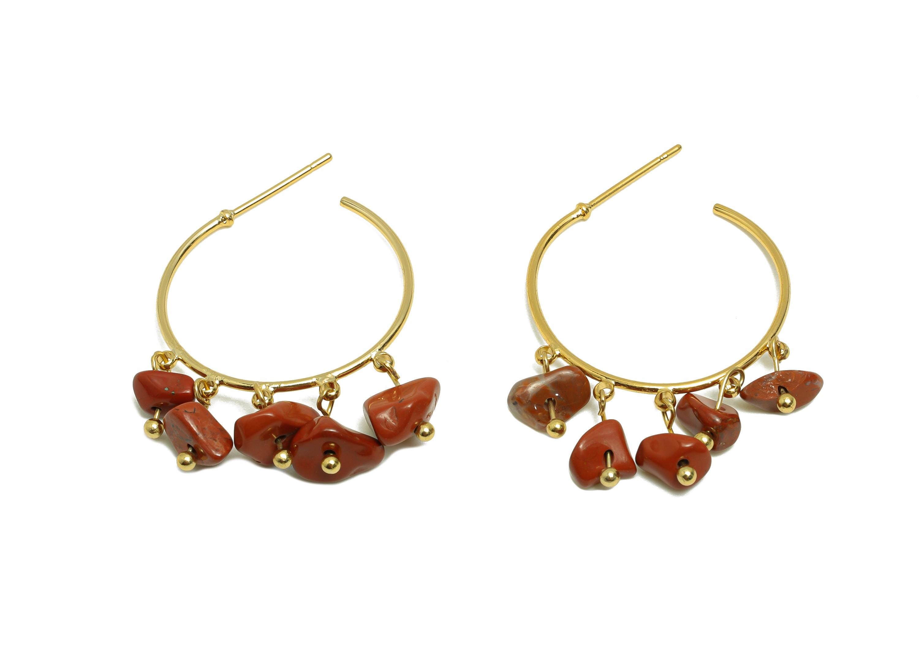 Red Jasper Hoop Earring - Brass Dangle Hoop Handmade Earring - Brass Boho Hoop C Earring Post - 18K Real Gold Plated - 37x25x4mm - RGP9283J - DOMEDBAZAAR