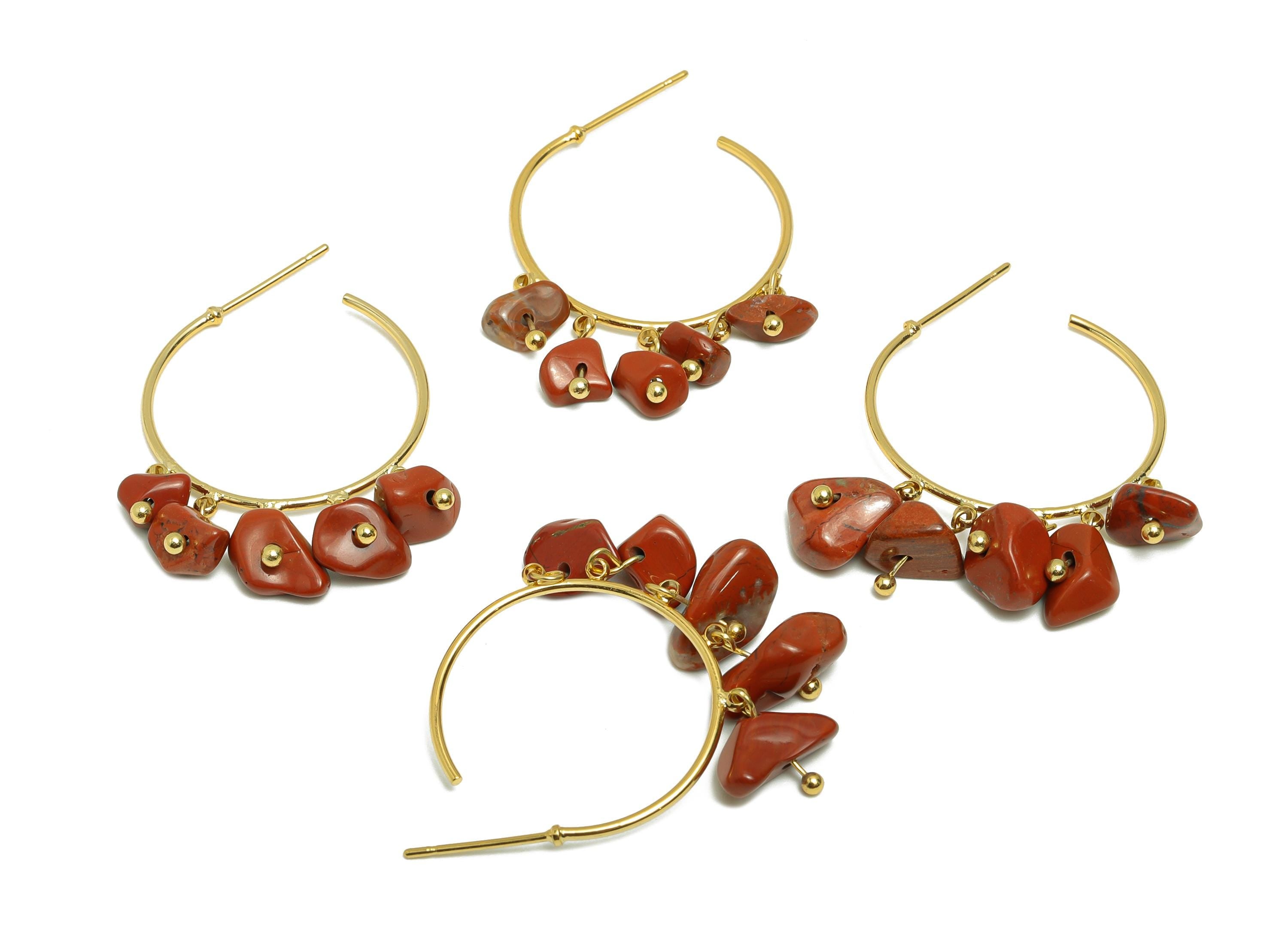 Red Jasper Hoop Earring - Brass Dangle Hoop Handmade Earring - Brass Boho Hoop C Earring Post - 18K Real Gold Plated - 37x25x4mm - RGP9283J - DOMEDBAZAAR