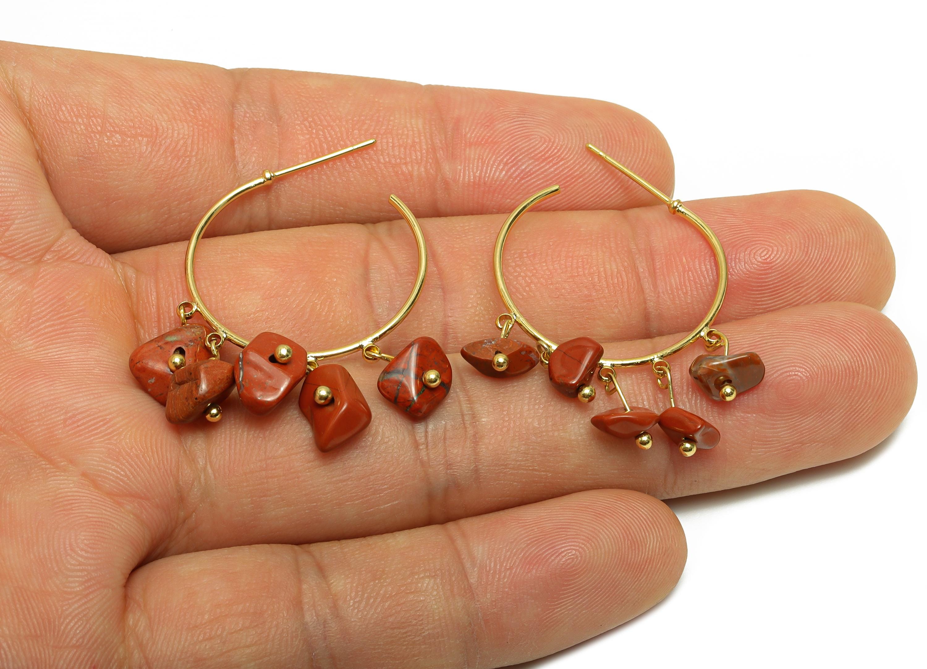 Red Jasper Hoop Earring - Brass Dangle Hoop Handmade Earring - Brass Boho Hoop C Earring Post - 18K Real Gold Plated - 37x25x4mm - RGP9283J - DOMEDBAZAAR