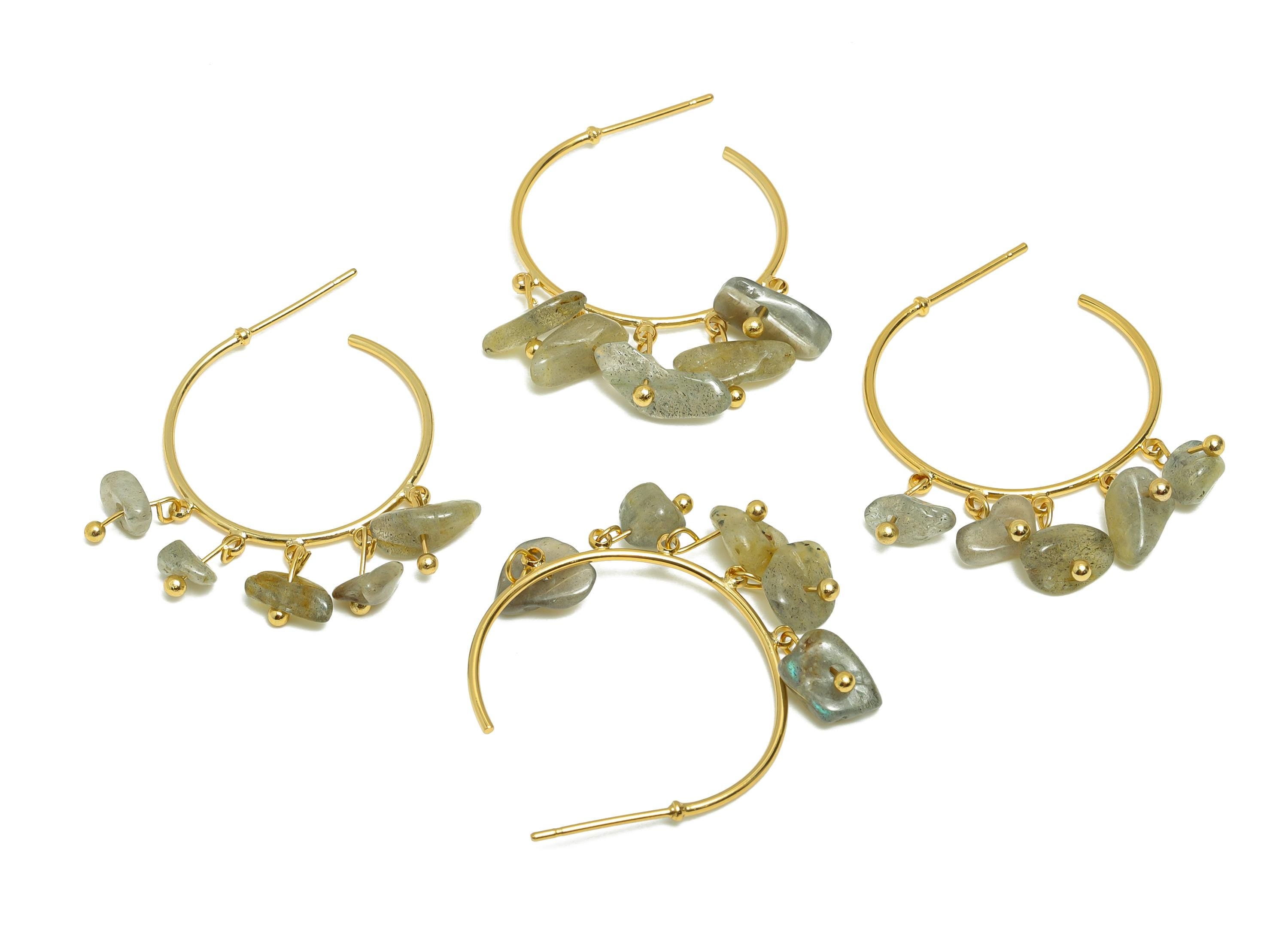 Labradorite Hoop Earring - Brass Dangle Hoop Handmade Earring - Brass Boho Hoop C Earring Post - 18K Real Gold Plated - 35x25x4mm - RGP9283D - DOMEDBAZAAR