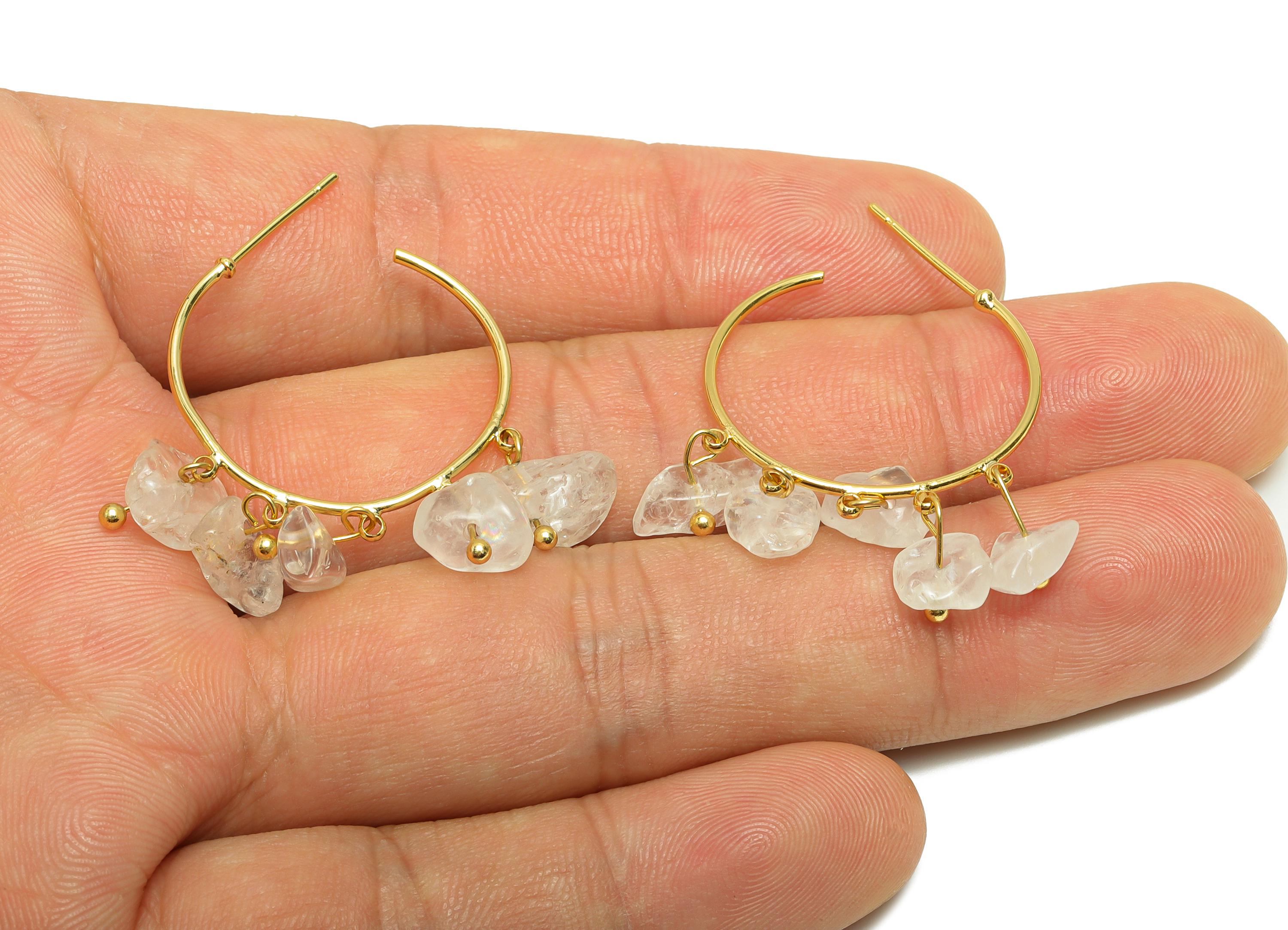 Clear Quartz Hoop Earring - Brass Dangle Hoop Handmade Earring - Boho Hoop C Earring Post - 18K Real Gold Plated - 40x25x3.8mm - RGP9283B - DOMEDBAZAAR