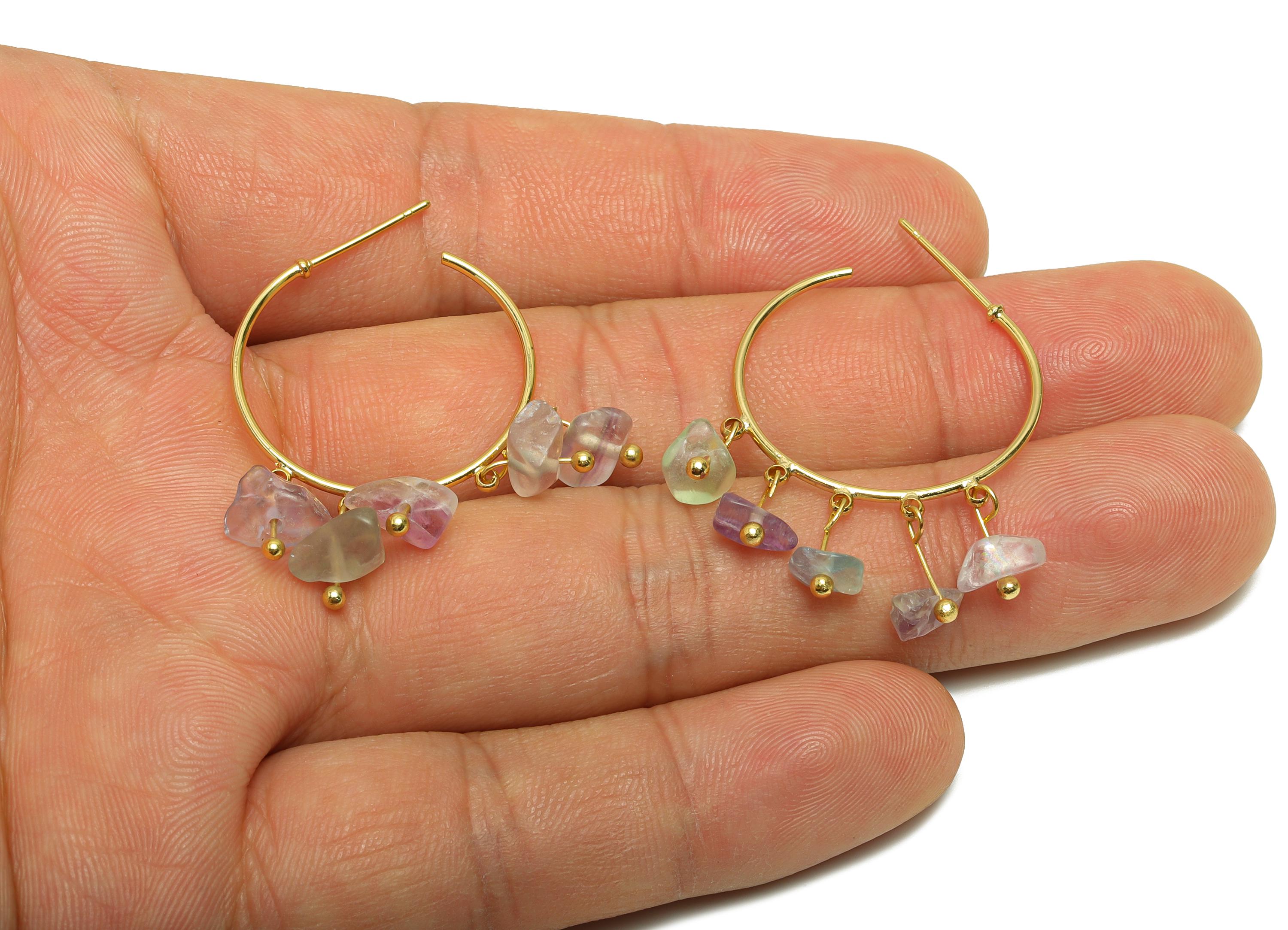 Colored Crystal Hoop Earring - Brass Dangle Hoop Handmade Earring - Boho Hoop C Earring Post - 18K Real Gold Plated - 39x25x3.8mm - RGP9283K - DOMEDBAZAAR