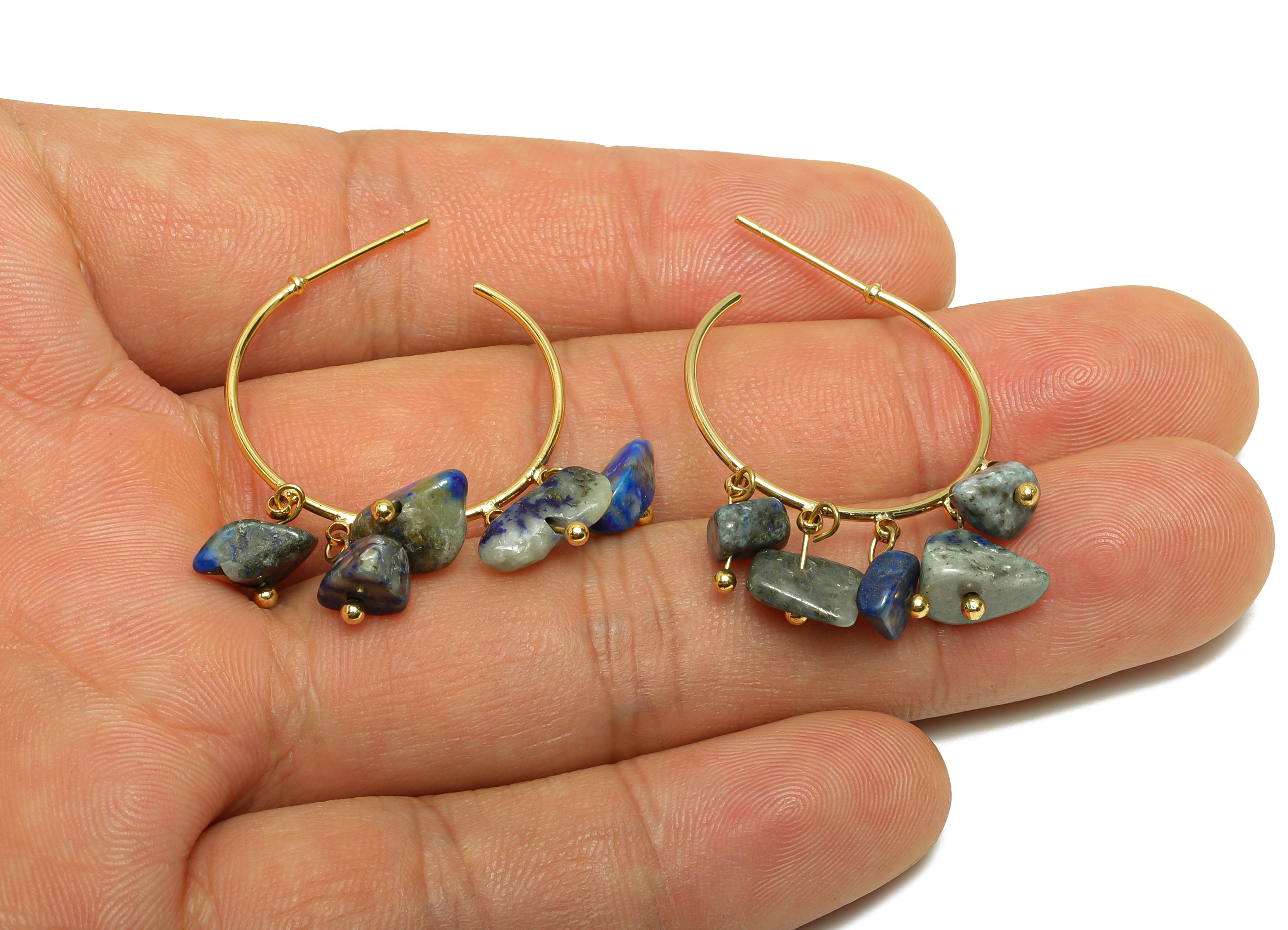 Lapis Lazuli Hoop Earring - Brass Dangle Hoop Handmade Earring - Brass Boho Hoop C Earring Post - 18K Real Gold Plated - 37x25x3mm -RGP9283H - DOMEDBAZAAR