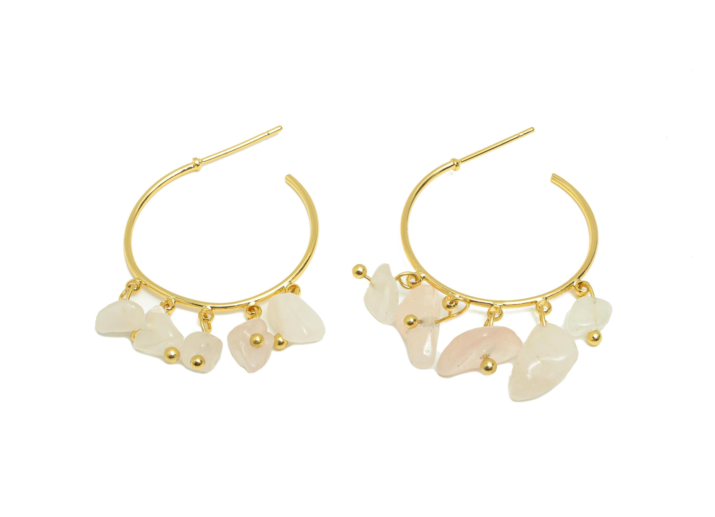 Rose Quartz Hoop Earring - Brass Dangle Hoop Handmade Earring - Boho Hoop C Earring Post - 18K Real Gold Plated - 39x25x3.8mm - RGP9283C - DOMEDBAZAAR