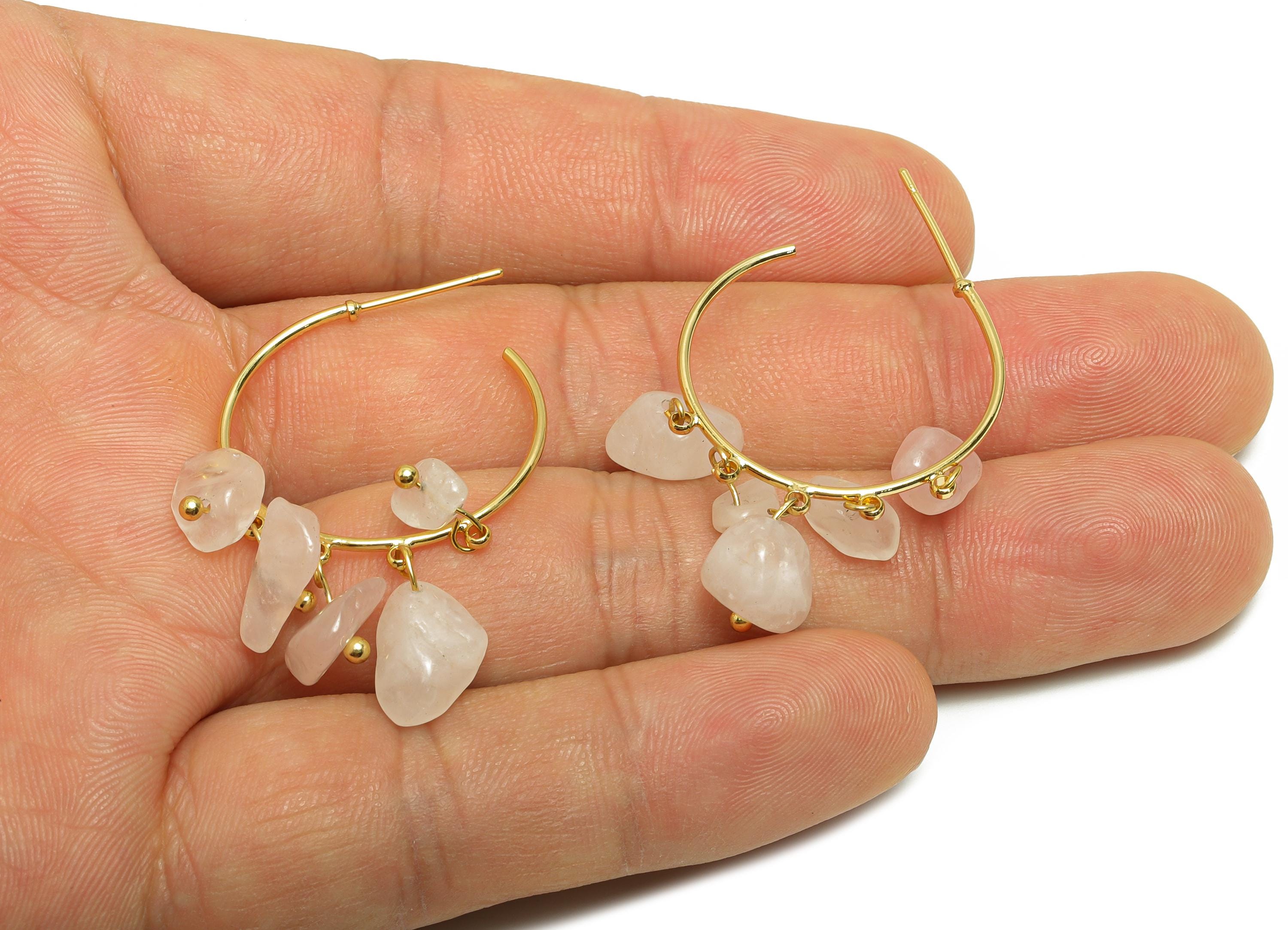 Rose Quartz Hoop Earring - Brass Dangle Hoop Handmade Earring - Boho Hoop C Earring Post - 18K Real Gold Plated - 39x25x3.8mm - RGP9283C - DOMEDBAZAAR