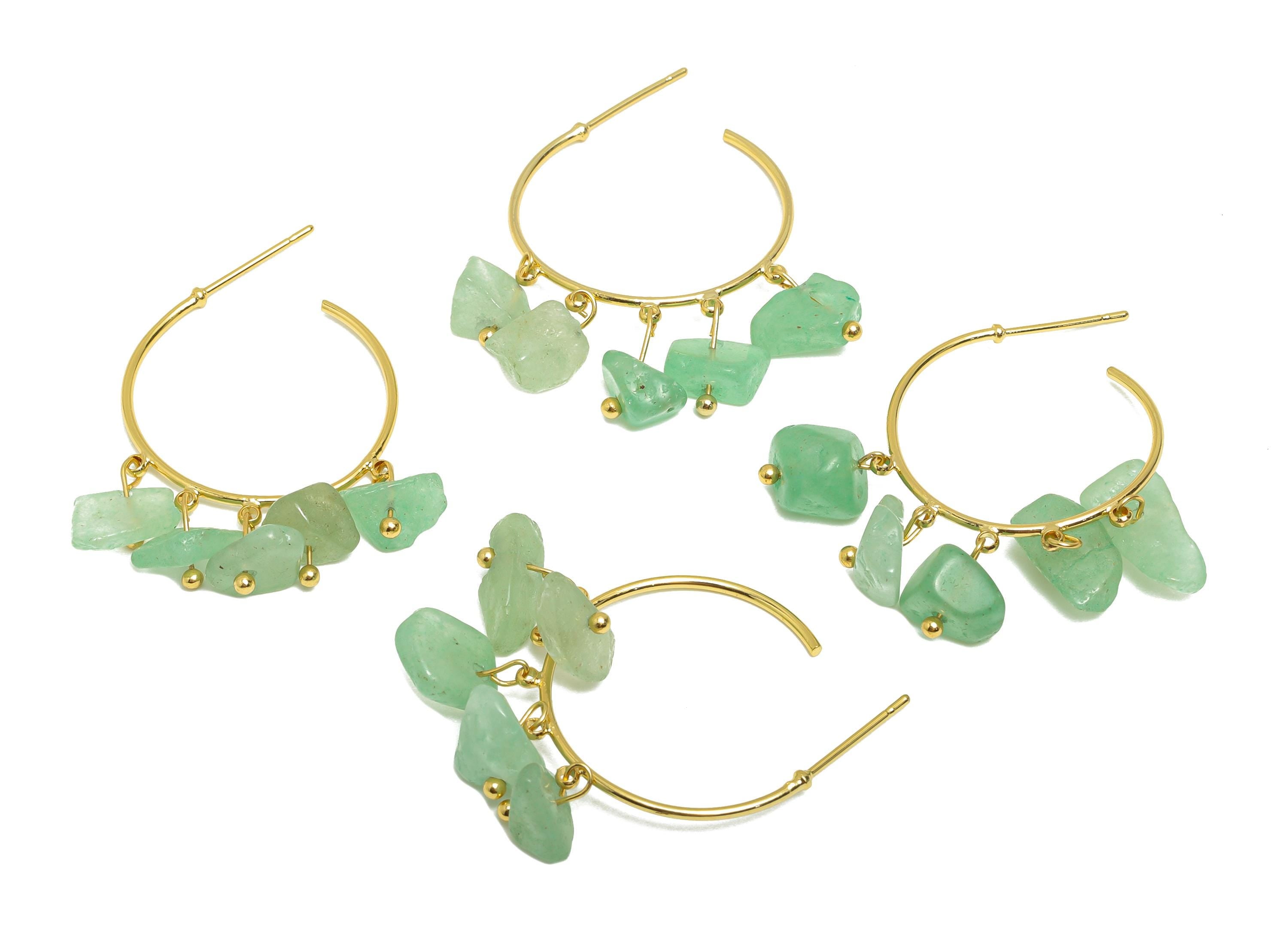 Aventurine Hoop Earring - Brass Dangle Hoop Handmade Earring - Brass Boho Hoop C Earring Post - 18K Real Gold Plated - 37x25x4mm -RGP9283A - DOMEDBAZAAR