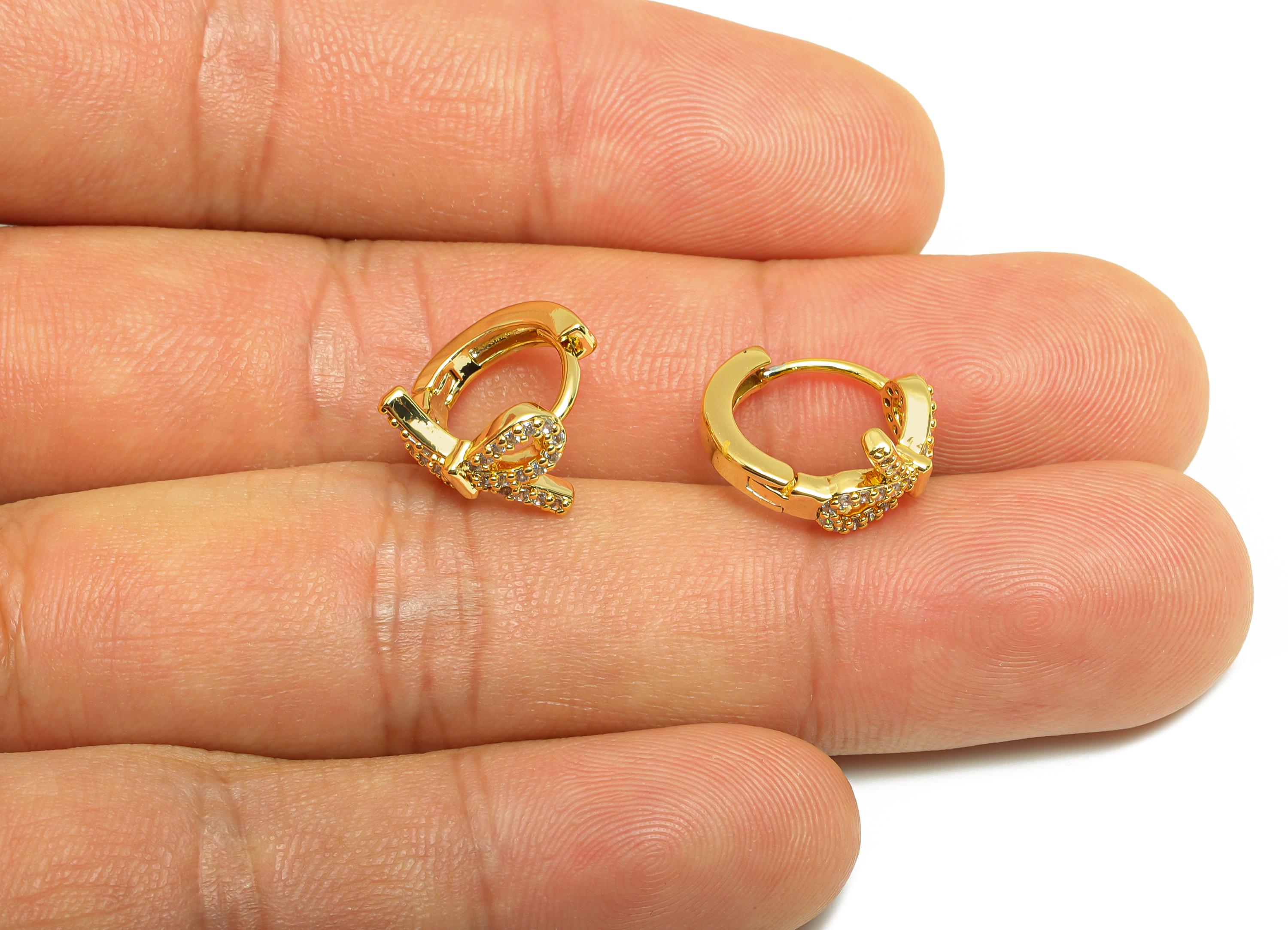 Brass Bow Tie Huggie Ear - Gold Zircon Round Earring for Girls - Daily Wear Hoop Earring - 18K Real Gold Plated - 14.03x13.4x2.11mm- RGP9122 - DOMEDBAZAAR