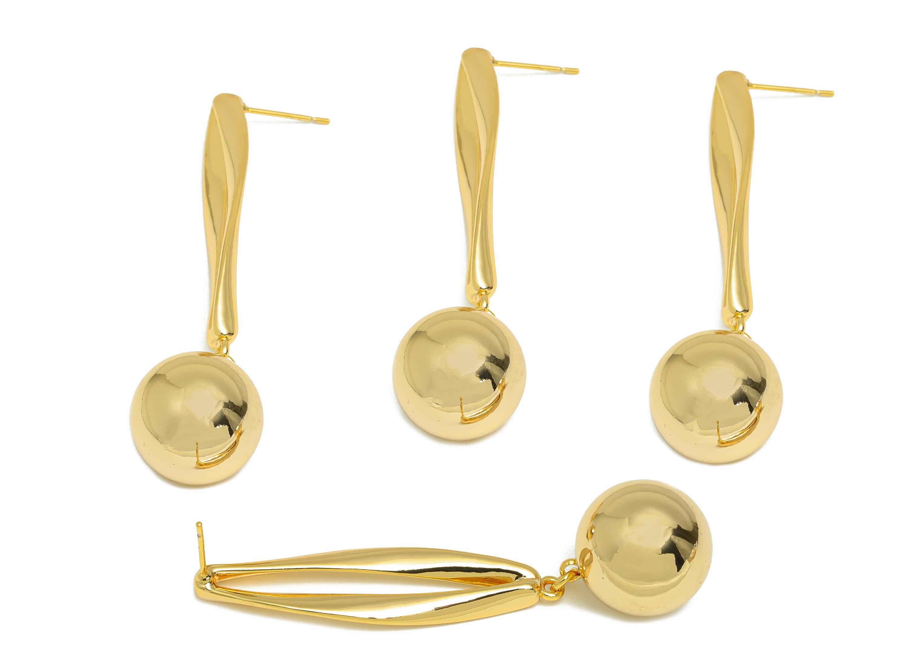 Brass Ball Dangle Earring - Wave Marquise Earring Post for Girl - Gold Dangle Earring Stud - 18K Real Gold Plating - 64.9x18x1.88mm -RGP9124 - DOMEDBAZAAR