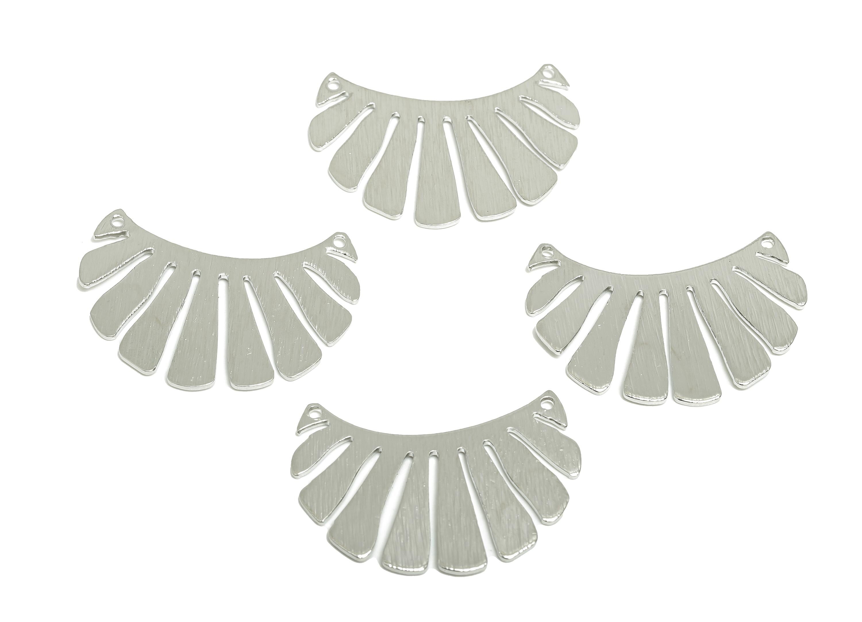 Brass Fan Connector - Brass Textured Gold Connector - Geometry Pendant - Silver Jewelry - 18K Real White Gold Plated - 30x20x0.8mm - RGP9305 - DOMEDBAZAAR