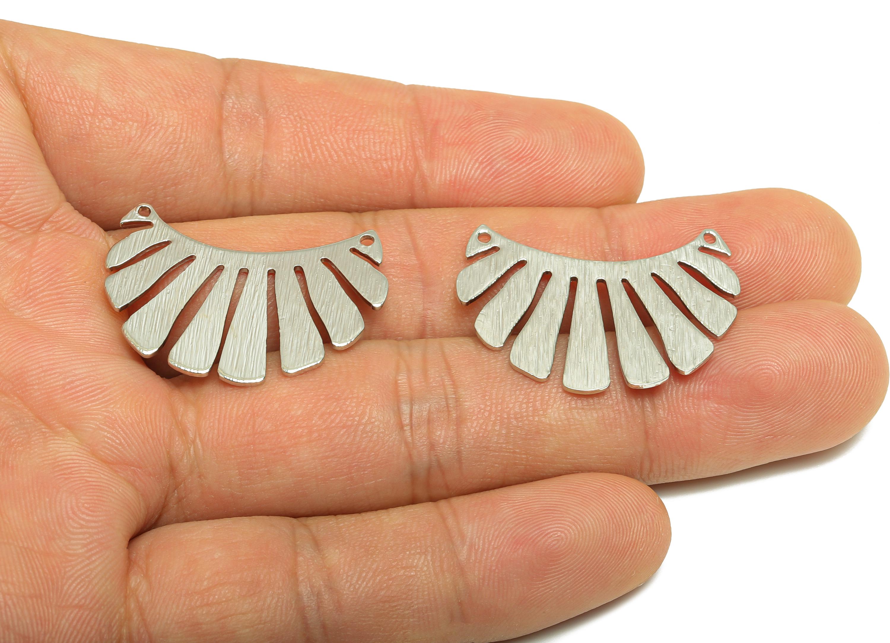 Brass Fan Connector - Brass Textured Gold Connector - Geometry Pendant - Silver Jewelry - 18K Real White Gold Plated - 30x20x0.8mm - RGP9305 - DOMEDBAZAAR