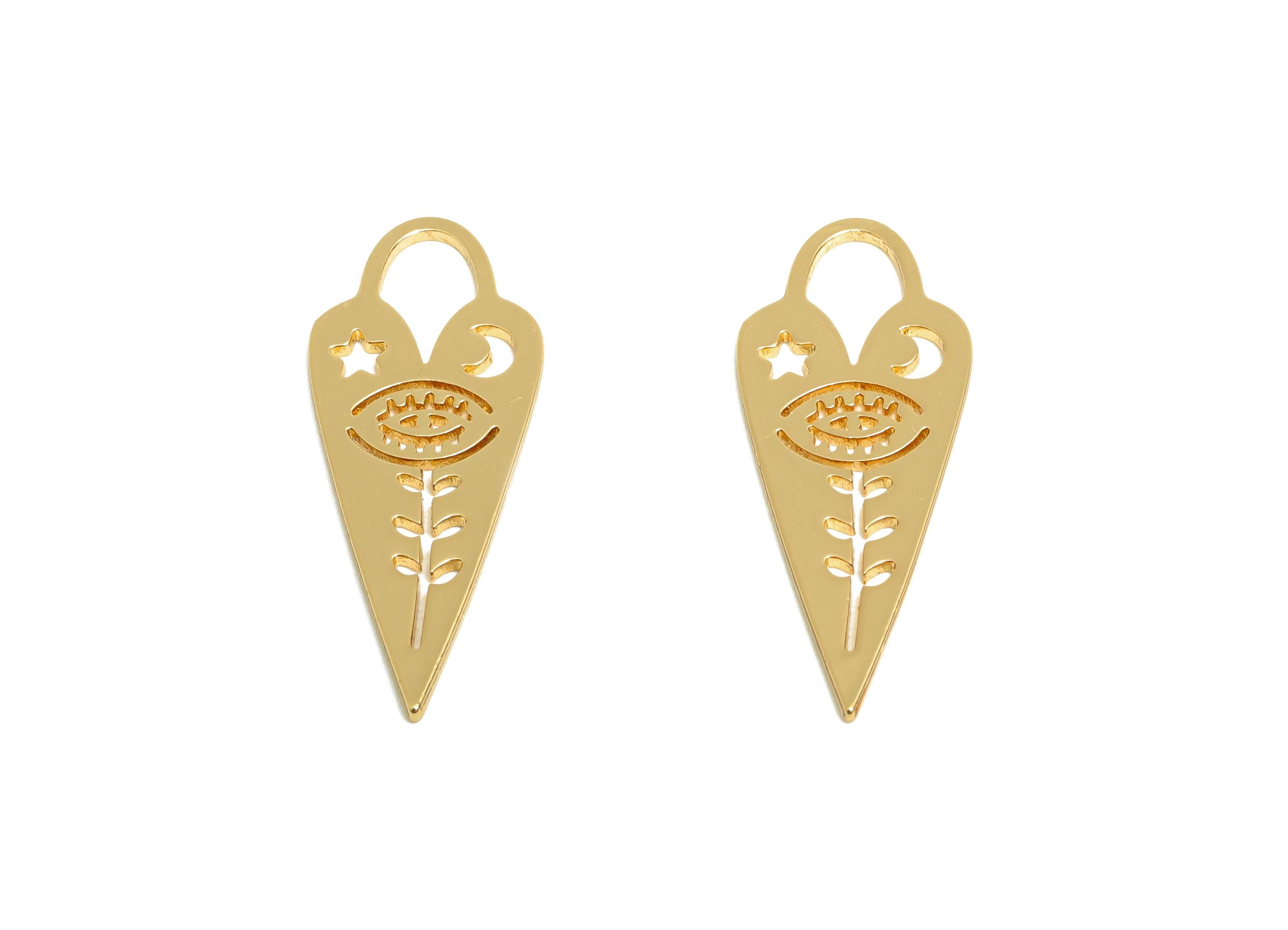 Gold Heart Earring Charm - Brass Gold Talisman Pendant - Symbolic Jewelry - Spiritual Pendant - 18K Real Gold Plated - 25x10x0.8mm - RGP9314 - DOMEDBAZAAR