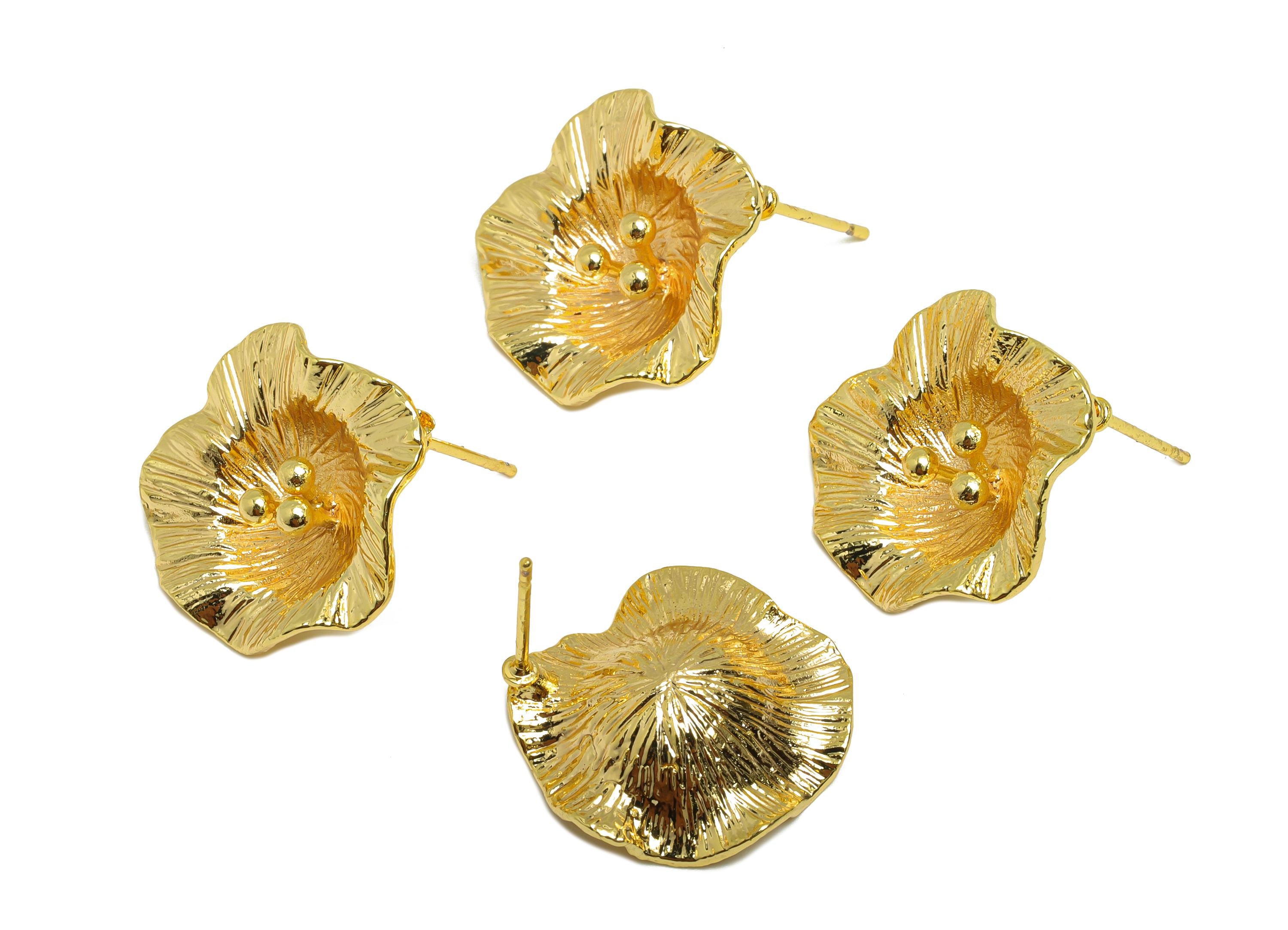 Elegant Floral Earring Post - Brass Textured Flower Earring - Trendy Textured Flower Earring - 18K Real Gold Plated - 17x17x1mm - RGP9317 - DOMEDBAZAAR