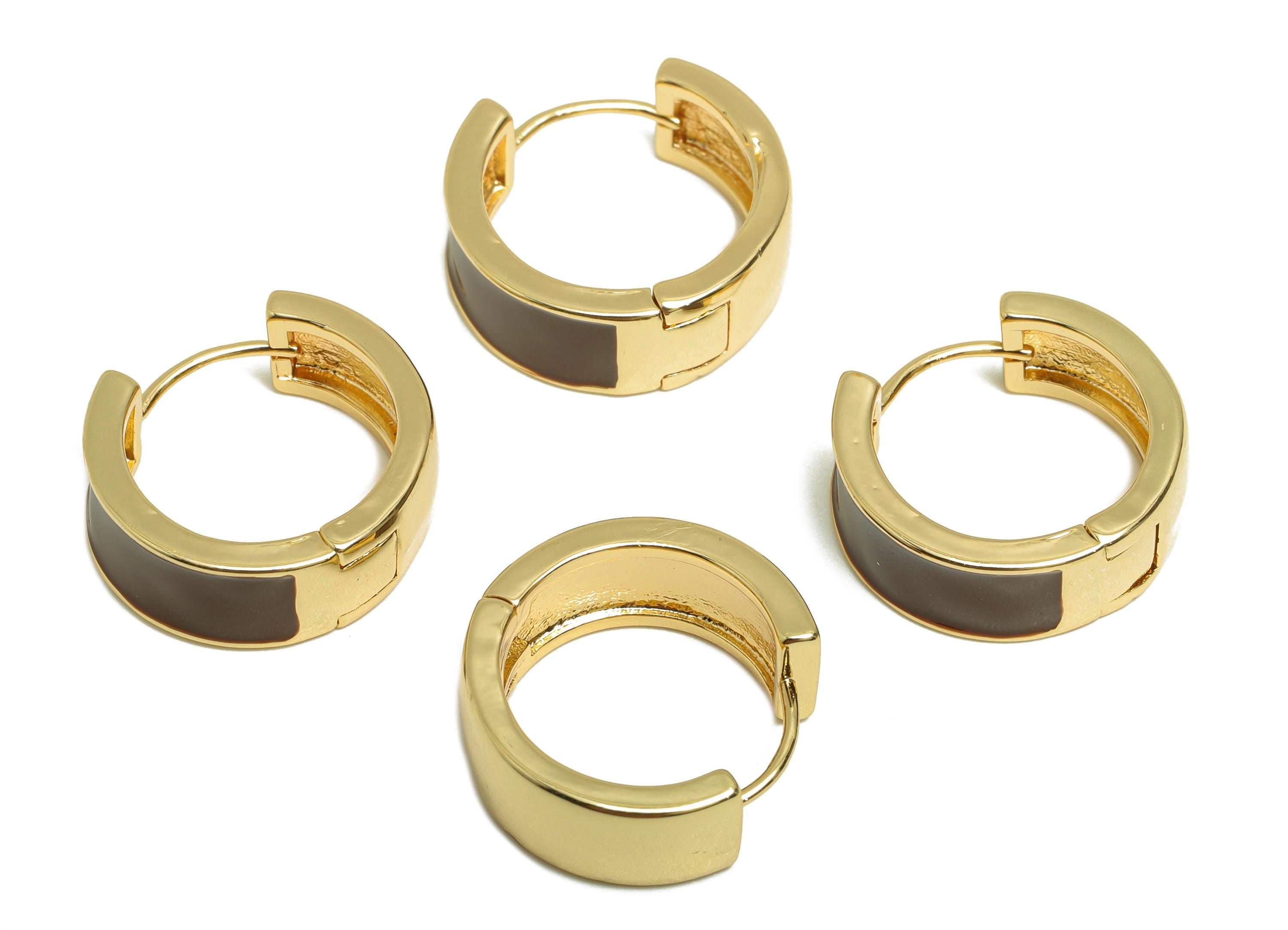 Brass Hoop Huggie Earring - Brass Enamel Hoop Clasp  Earring - Trendy Chunky Hoop Earring - 18K Real Gold Plated - 15.5x15.2x6mm - RGP9320