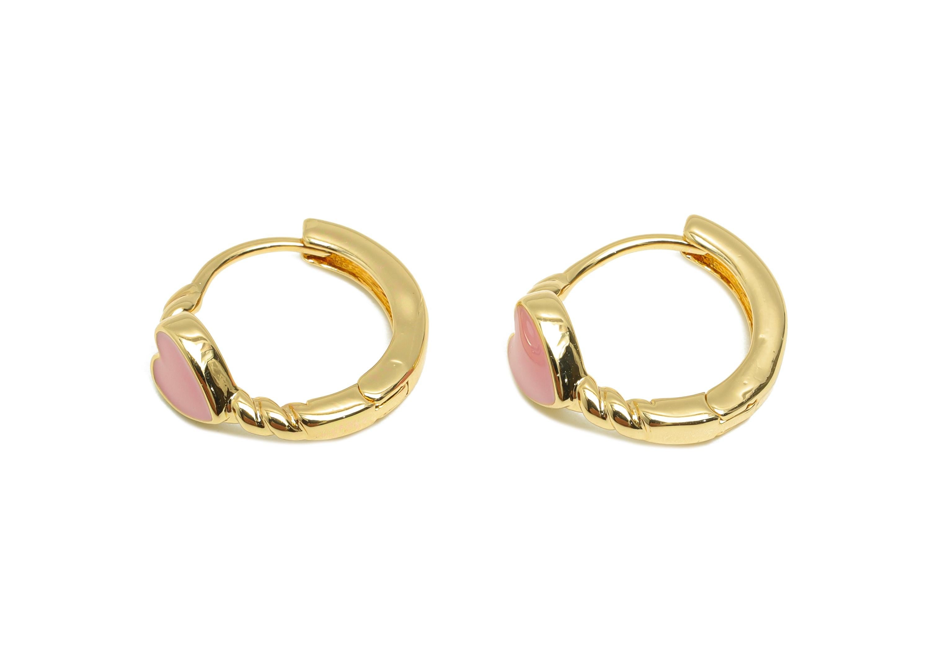 Heart Hoop Huggie Earring - Brass Enamel Hoop Clasp  Earring - Romantic Huggie Hoop Earring - 18K Real Gold Plated - 13.91x12x5mm - RGP9321