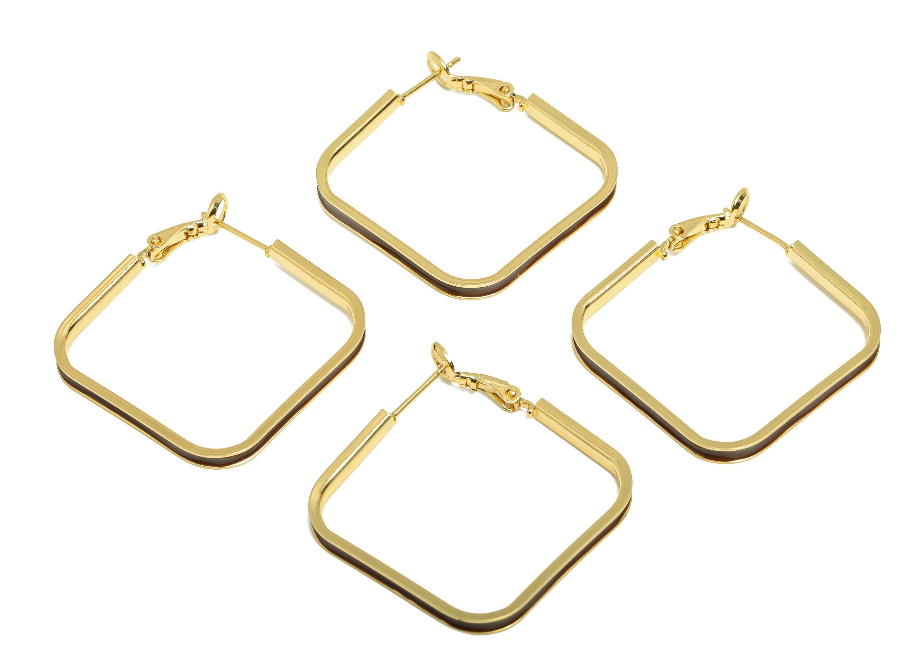 Brass Hoop Earring - Brass Enamel Geometry Hoop Clasp Earring - Trendy Square Hoop Earring - 18K Real Gold Plated - 38.5x34x3mm - RGP9323 - DOMEDBAZAAR