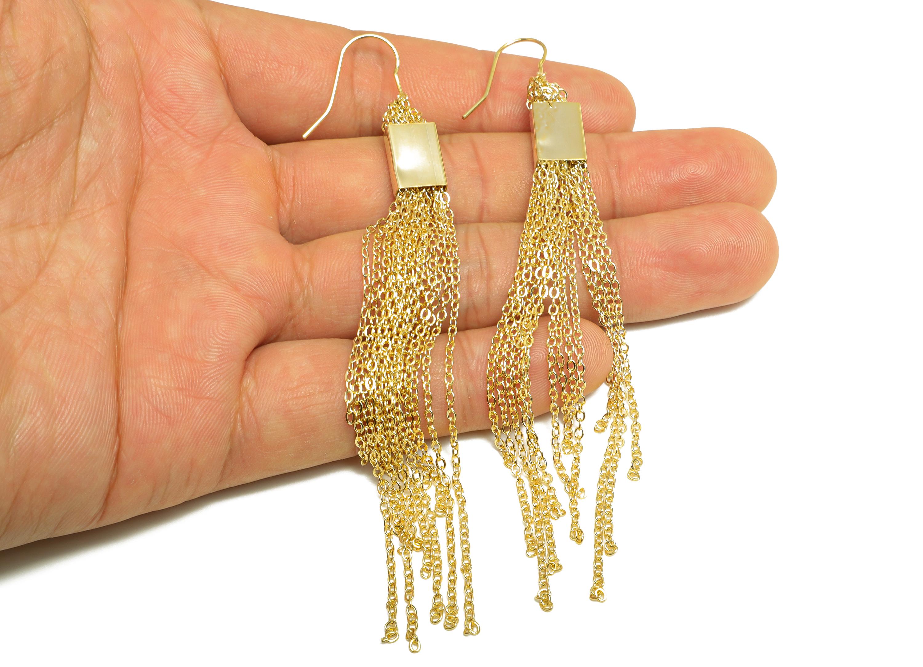 Gold Chain Tassel Earring - Brass Gold Tassel Earring Hook - Brass Chain Fringe Jewelry - 18K Real Gold Plating - 108x8.4x4mm - RGP9327 - DOMEDBAZAAR