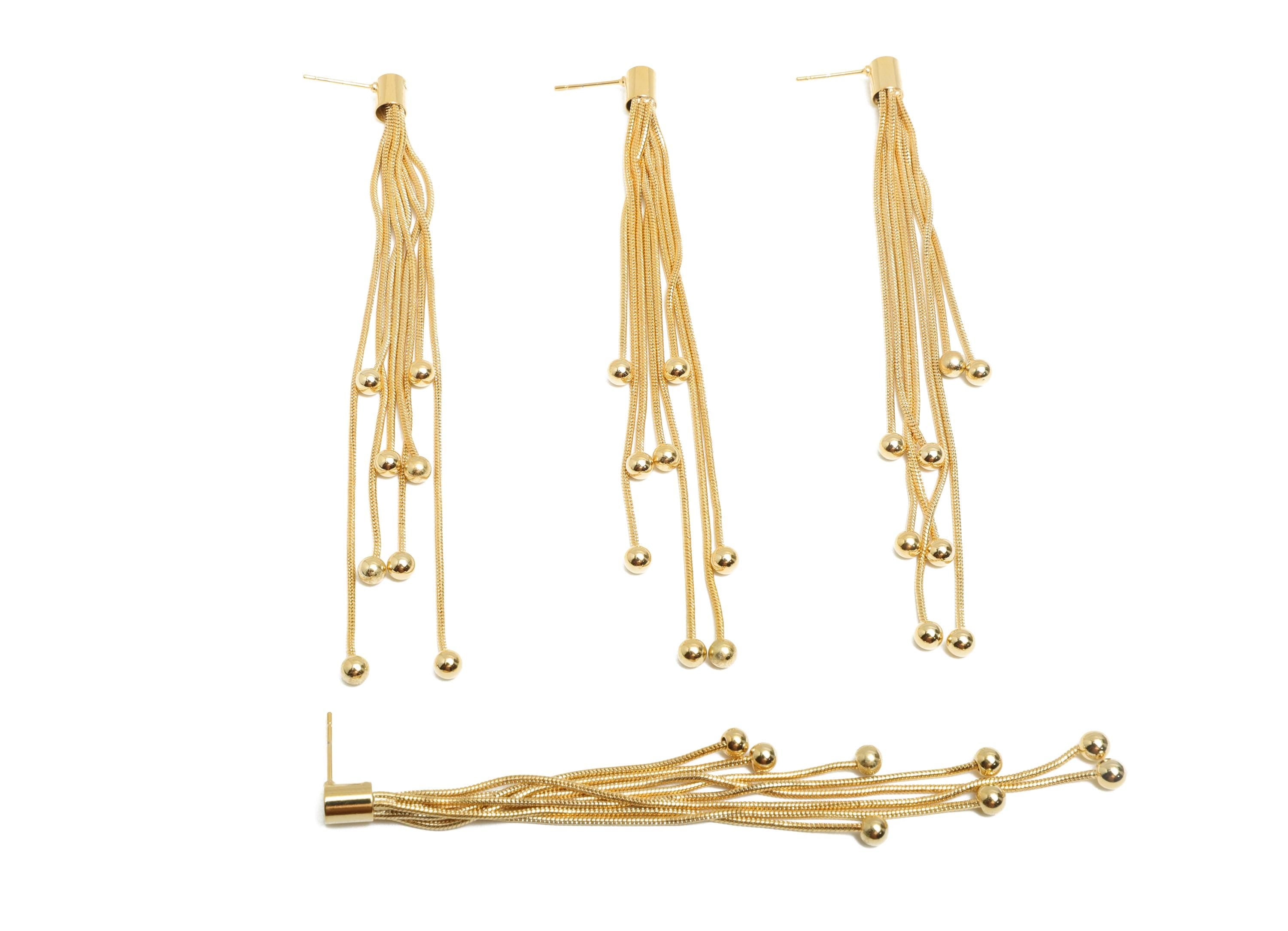 Elegant Dangle Earring Post - Brass Gold Tassel Earring Stud - Modern Beaded Fringe Earring - 18K Real Gold Plated - 104x5x5mm - RGP9328 - DOMEDBAZAAR
