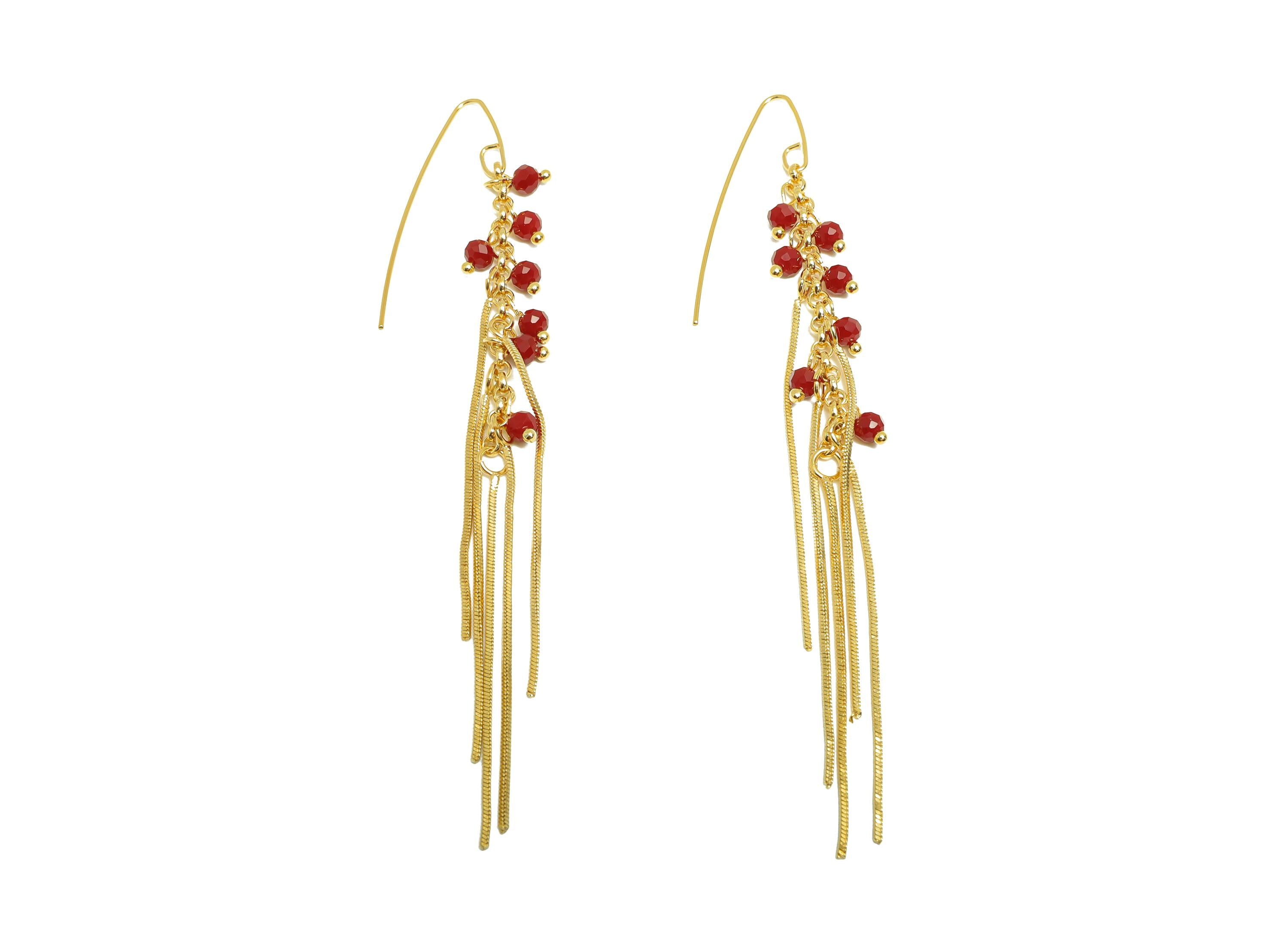 Zircon Chain Tassel Earring - Brass Gold Tassel Boho Earring Hook - Brass Red Bead Jewelry - 18K Real Gold Plating - 114x11x4mm - RGP9329