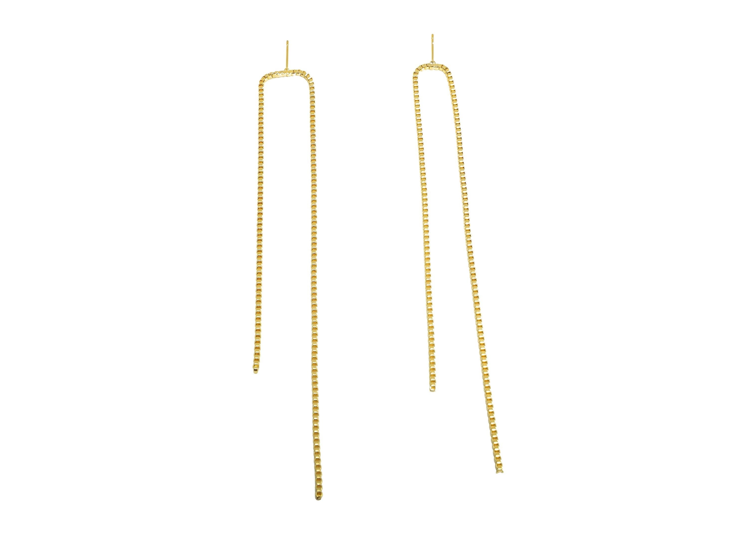 Modern Dangle Earring Post - Brass Gold Tassel Earring Stud - Simple Threader Box Chain Earring - 18K Real Gold Plated - 129x12x1mm -RGP9330 - DOMEDBAZAAR