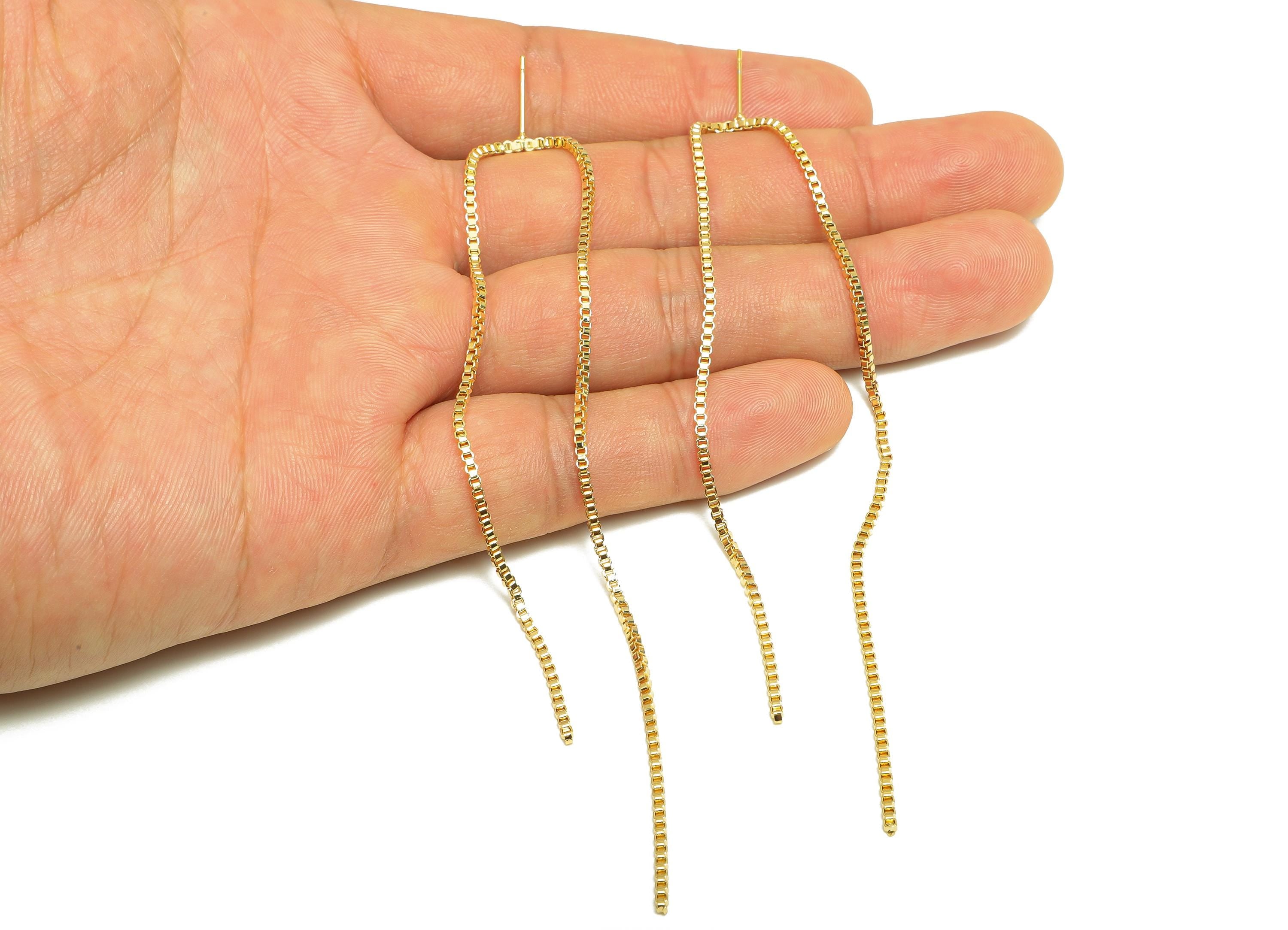 Modern Dangle Earring Post - Brass Gold Tassel Earring Stud - Simple Threader Box Chain Earring - 18K Real Gold Plated - 129x12x1mm -RGP9330 - DOMEDBAZAAR