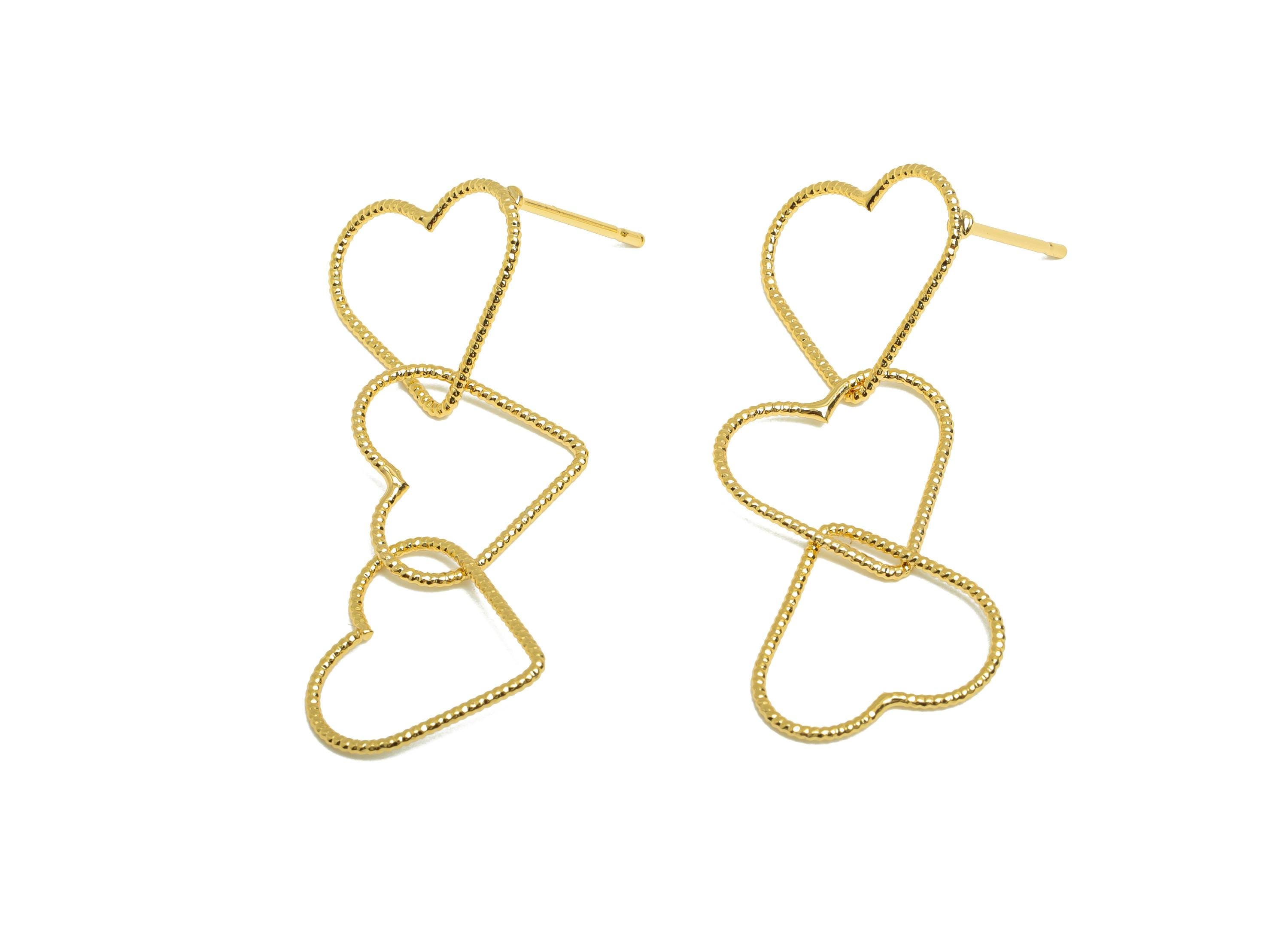 Romantic Dangle Earring Post - Brass Gold Linked Hearts Post - Modern Love Symbol Earrings - 18K Real Gold Plated - 33x14.3x0.7mm - RGP9331 - DOMEDBAZAAR