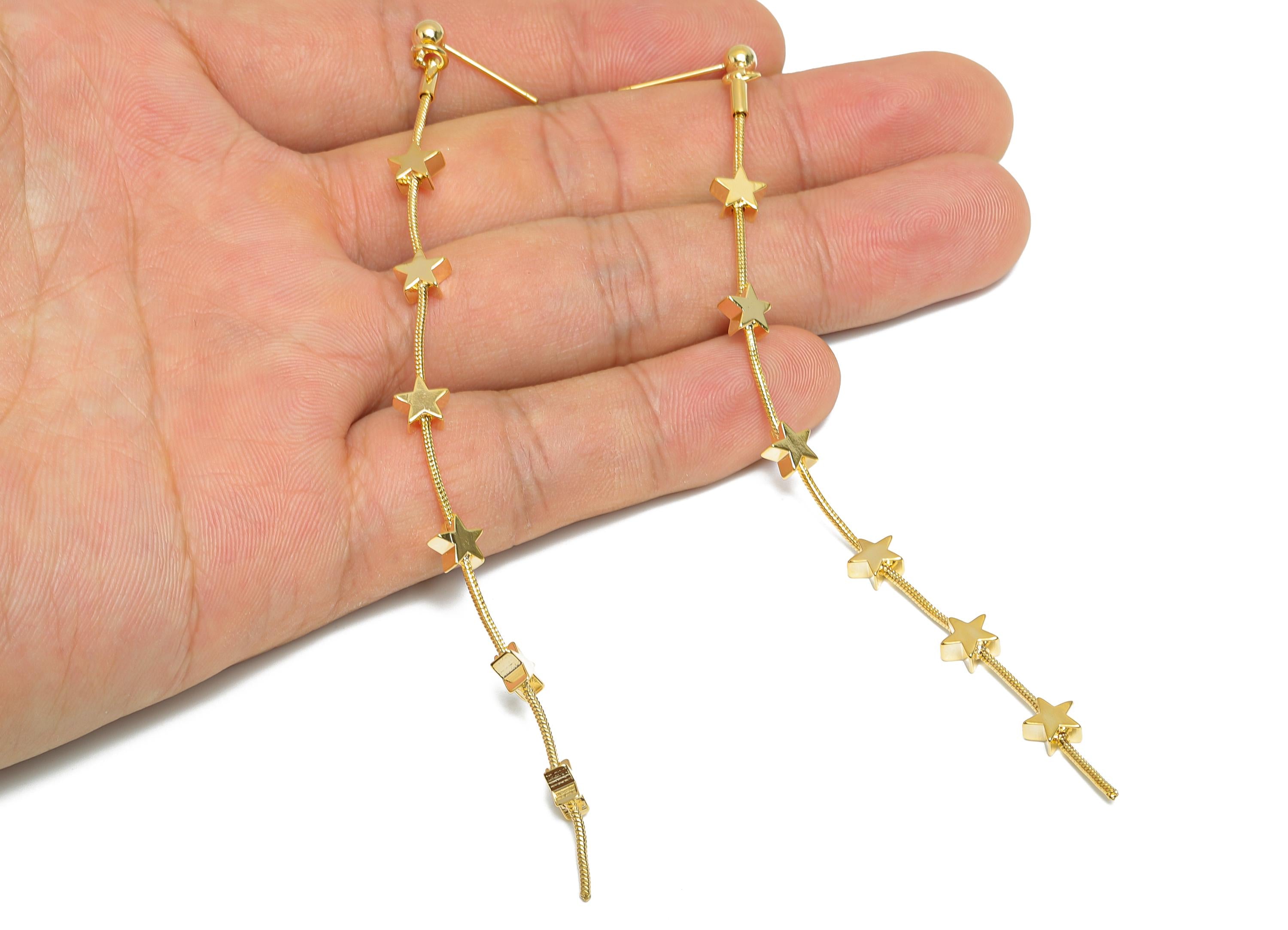 Elegant Dangle Earring Stud - Brass Long Chain Star Earring Post - Celestial Gold Jewelry - 18K Real Gold Plating - 118x6.4x2.8mm - RGP9343 - DOMEDBAZAAR