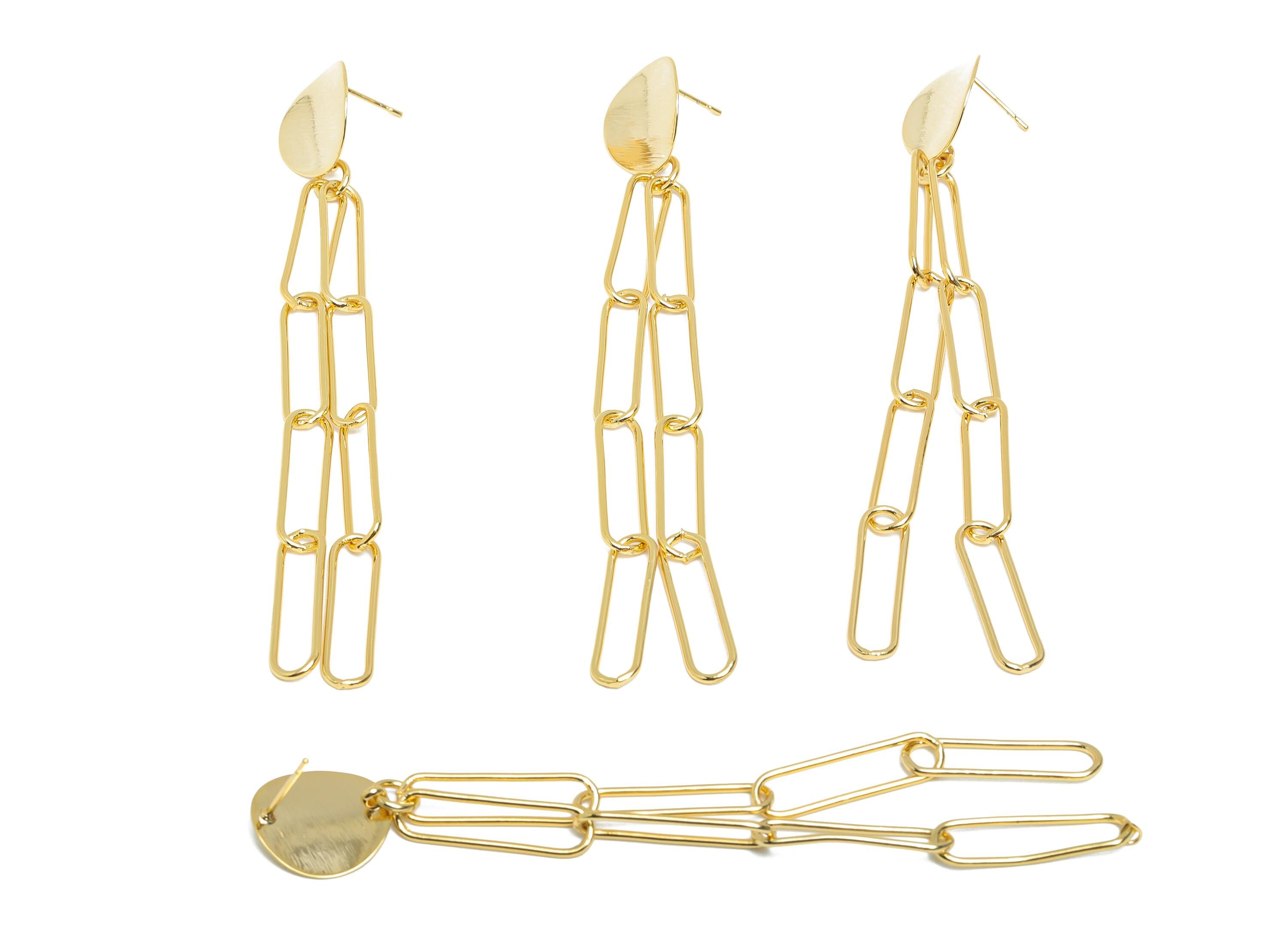 Long Dangle Earring - Brass Textured Link Earring Post - Gold Dangle Modern Geometric Earring - 18K Real Gold Plating -95x15x0.8mm - RGP9346 - DOMEDBAZAAR