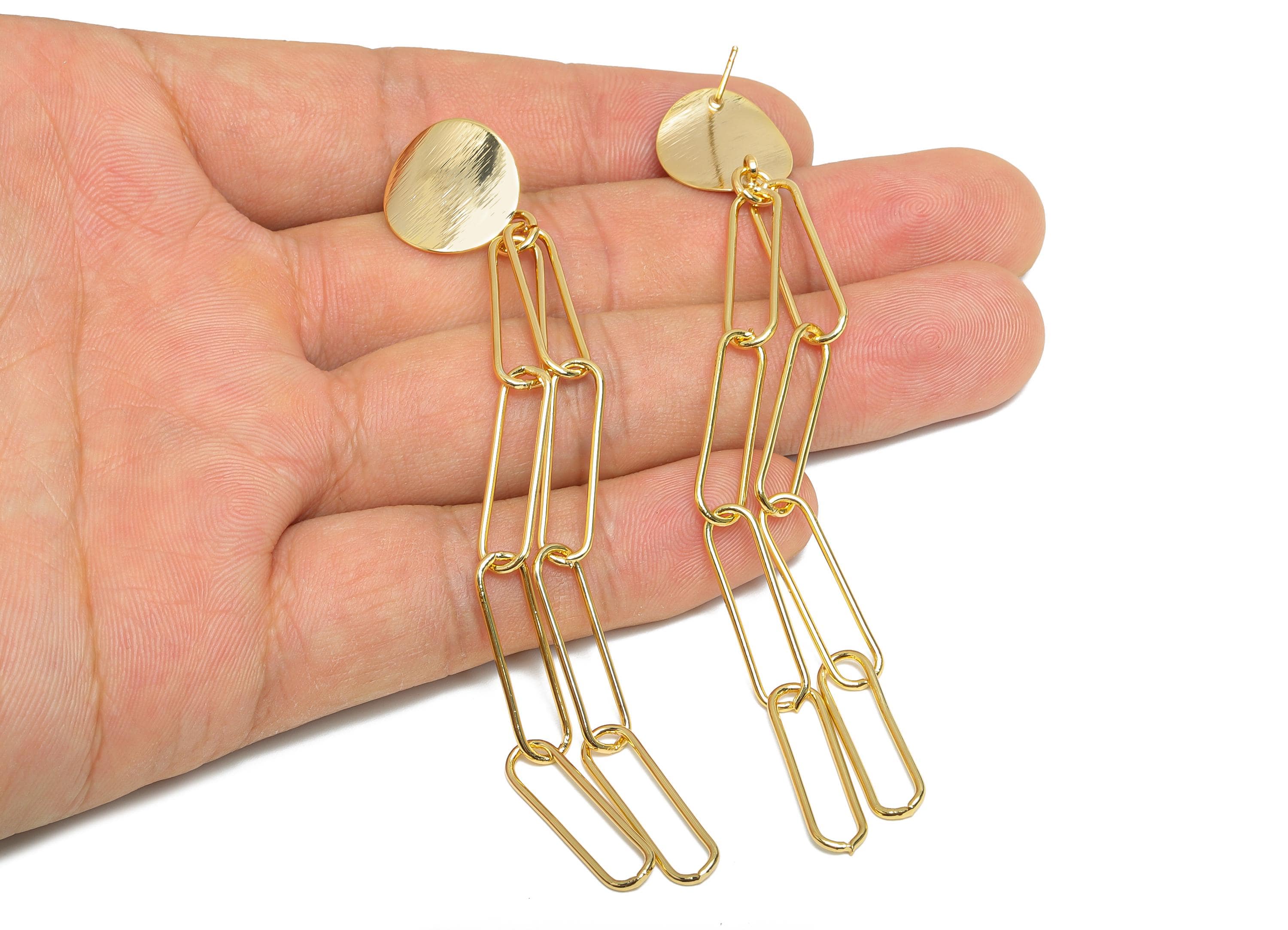 Long Dangle Earring - Brass Textured Link Earring Post - Gold Dangle Modern Geometric Earring - 18K Real Gold Plating -95x15x0.8mm - RGP9346 - DOMEDBAZAAR