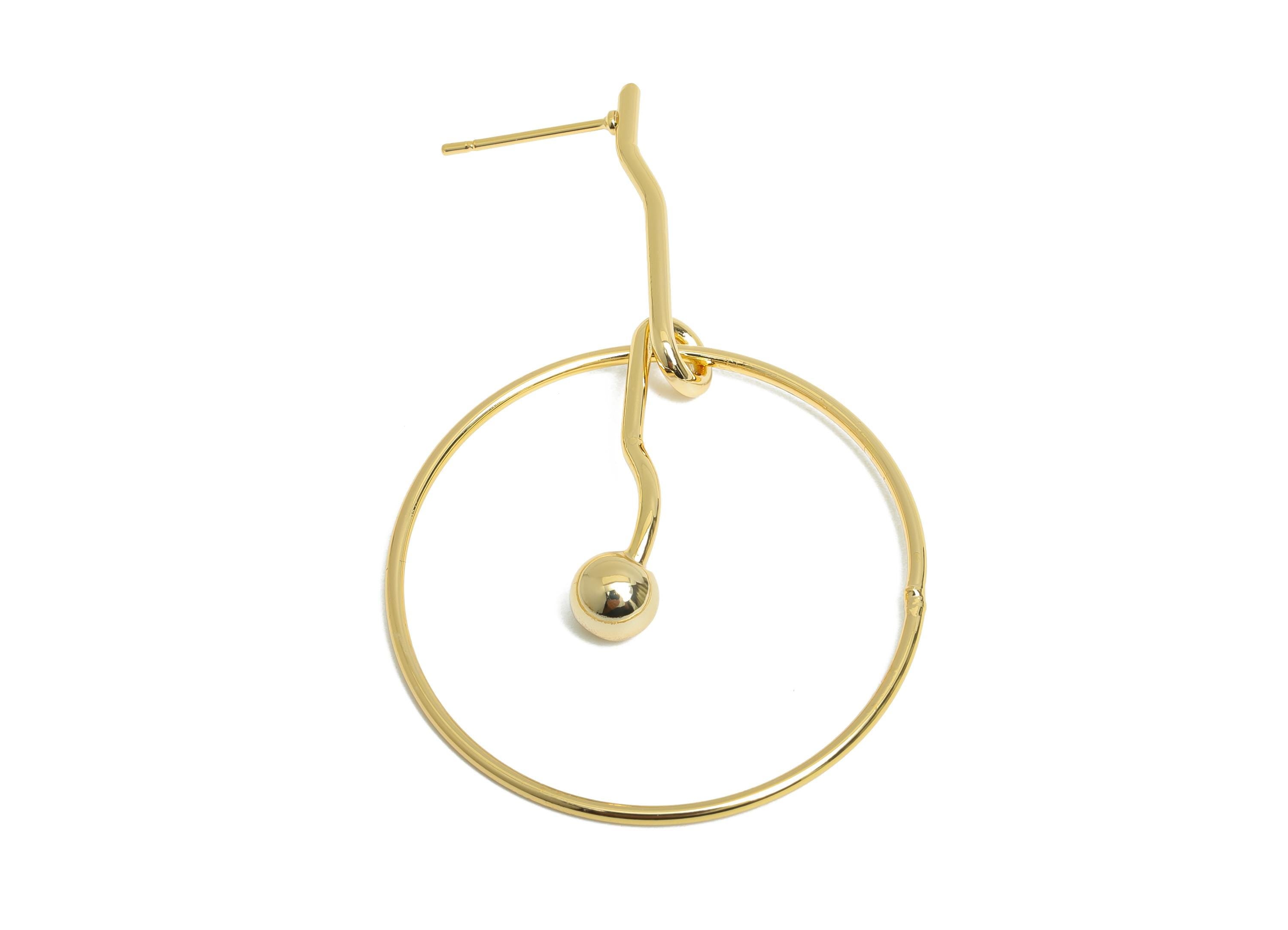 Artistic Earring Stud - Brass Gold Bead Hoop Earring Post- Trendy Geometric Earring Post - 18K Real Gold Plating - 55x35x1.5mm - RGP9348 - DOMEDBAZAAR