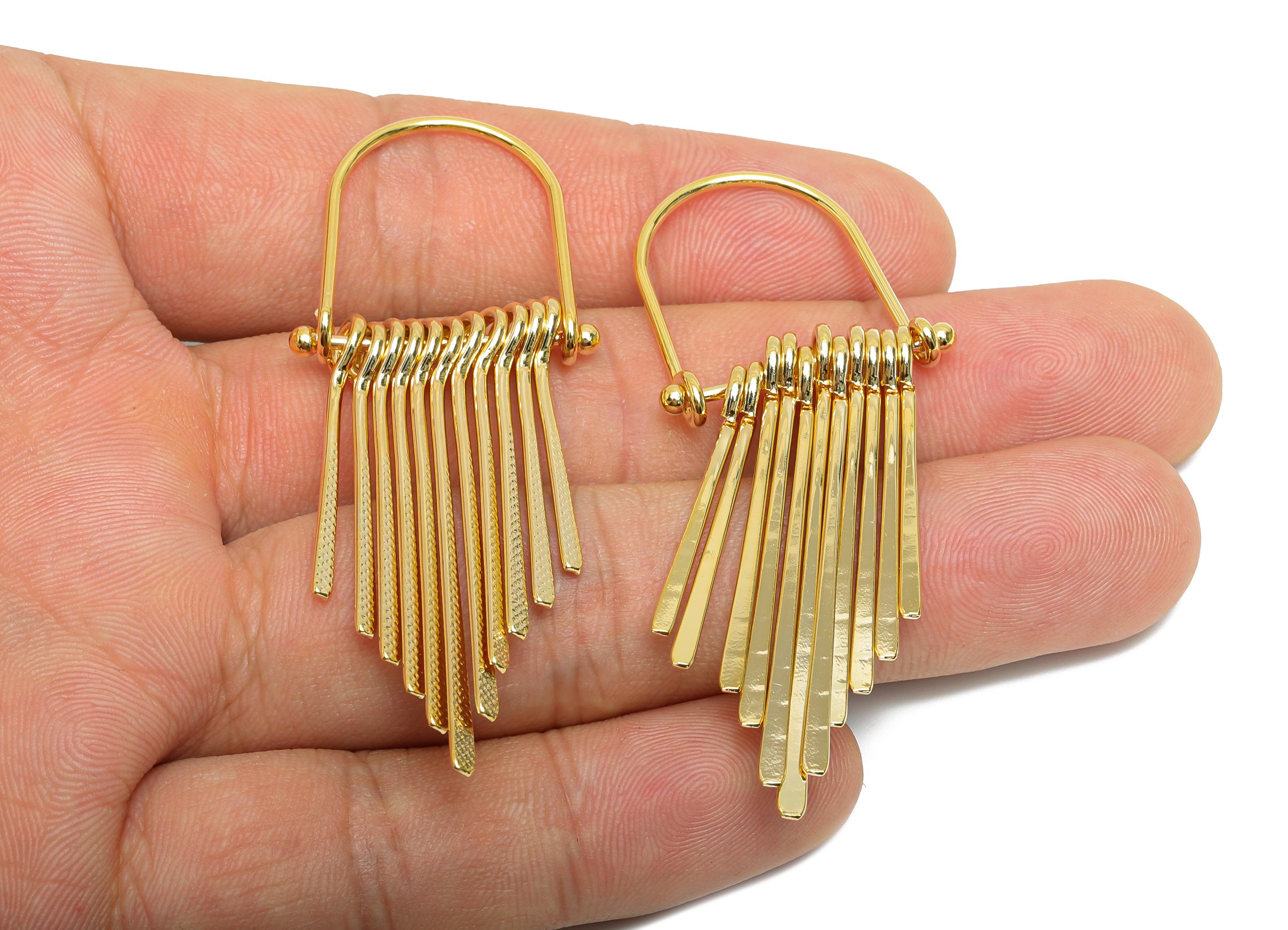 Gold Fringe Earring Charm - Brass Tassel Textured Hammered Charm - Dangle Artistic Jewelry - 18K Real Gold Plating - 65x24x5.3mm - RGP9355 - DOMEDBAZAAR