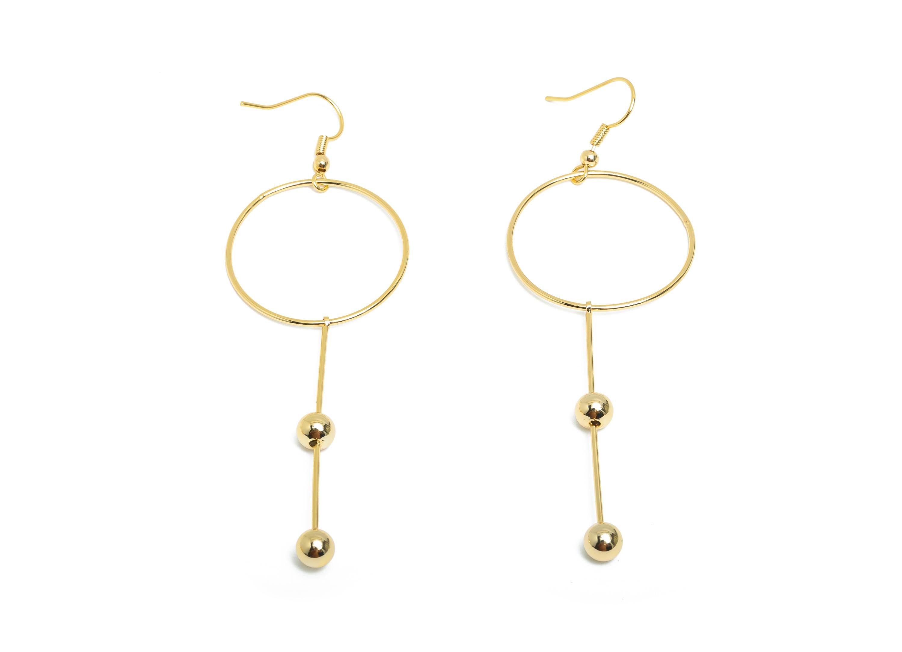 Modern Earring Hook - Brass Gold Stick Ball Hoop Earring Wire - Trendy Geometric Earring Post - 18K Real Gold Plated - 91x30x5mm - RGP9365 - DOMEDBAZAAR