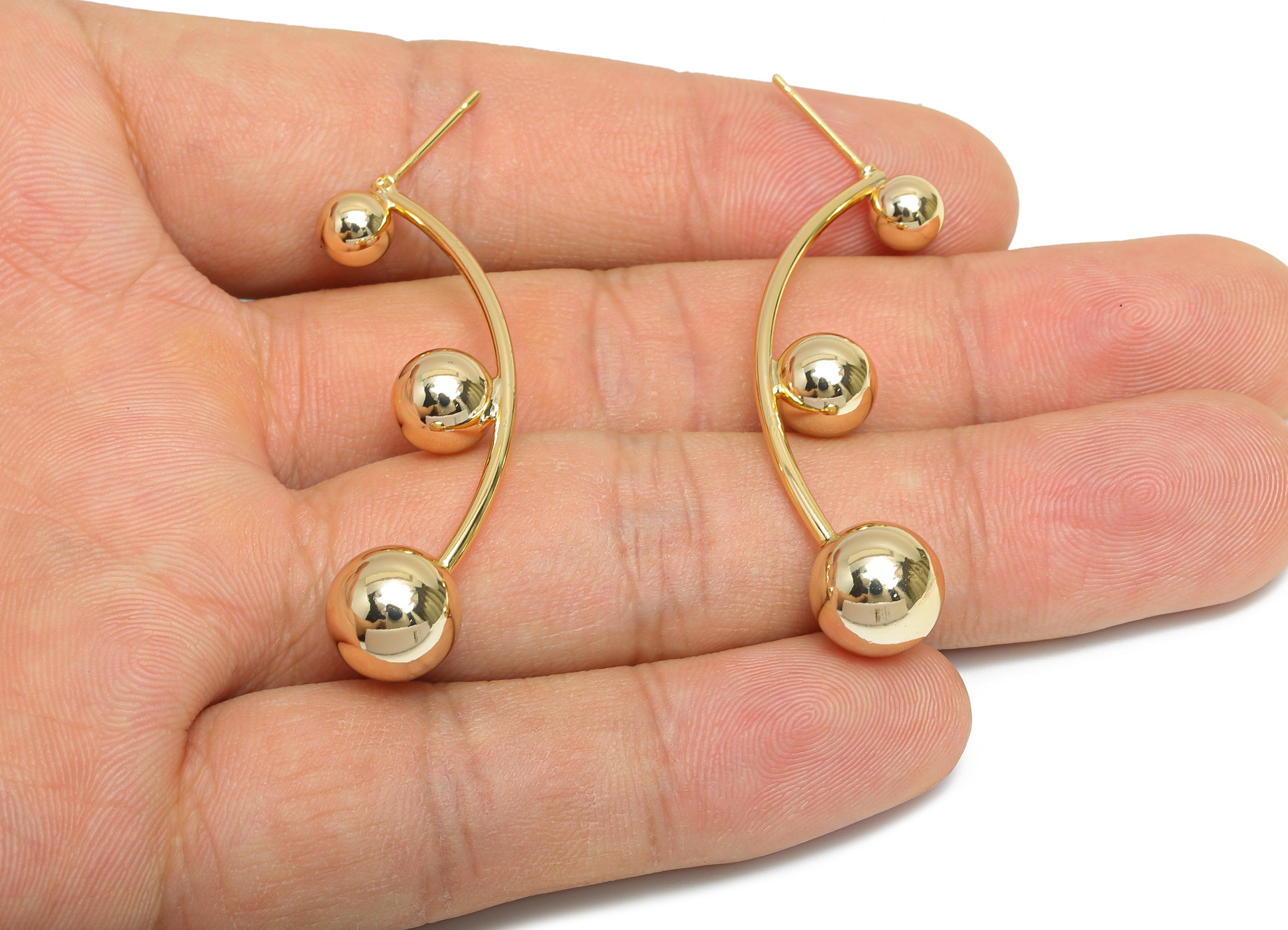 Gold Ball Earring Stud - Brass Minimalist Sculptural Ball Earring - Cocktail Parties Jewelry - 18K Real Gold Plated - 54x9.7x9.7mm - RGP9366 - DOMEDBAZAAR