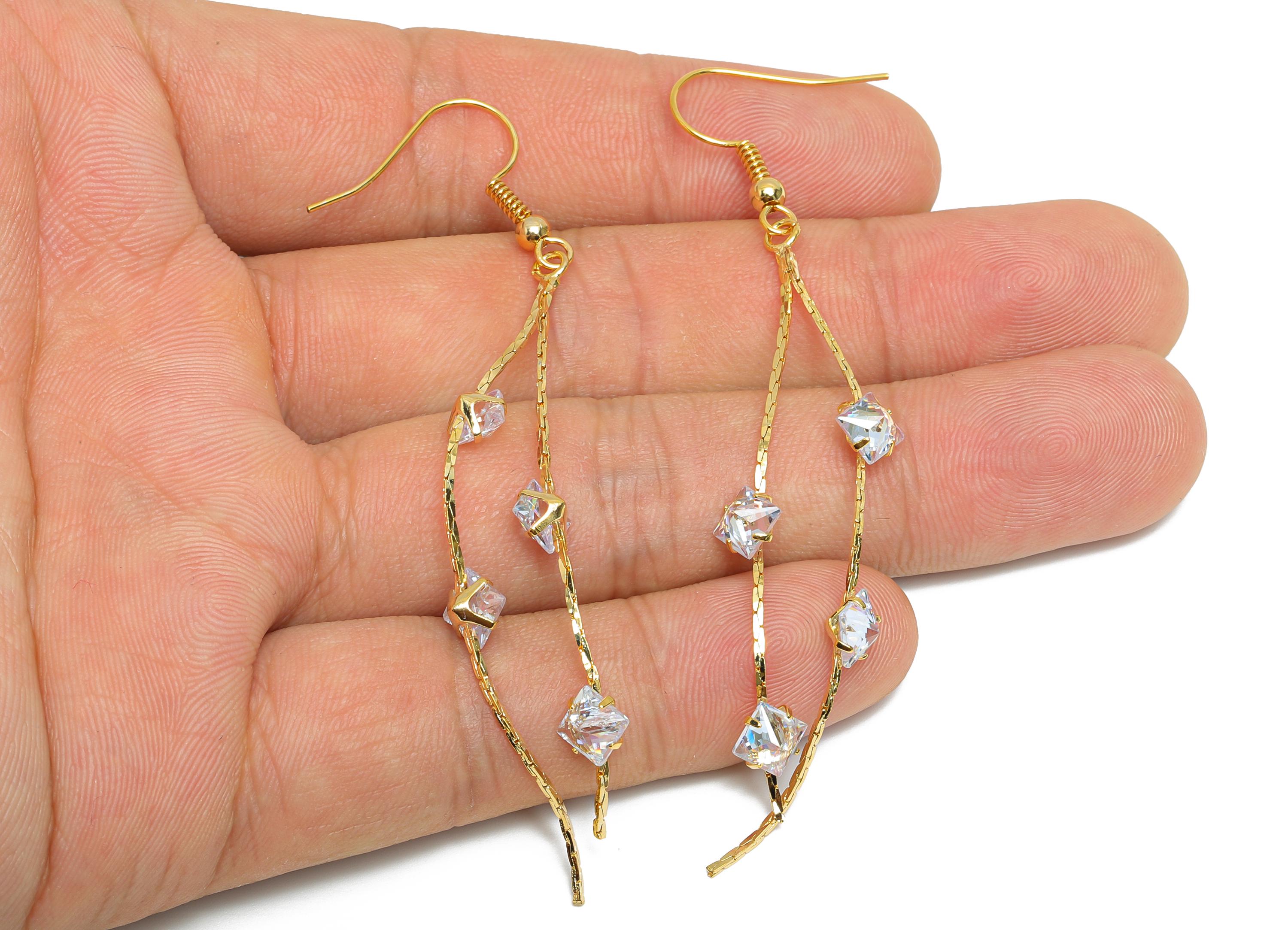 Zircon Chain Tassel Earring - Brass Gold Tassel  Earring Hook - Brass Evening Wear Jewelry - 18K Real Gold Plating - 83x6.4x4mm - RGP9367 - DOMEDBAZAAR