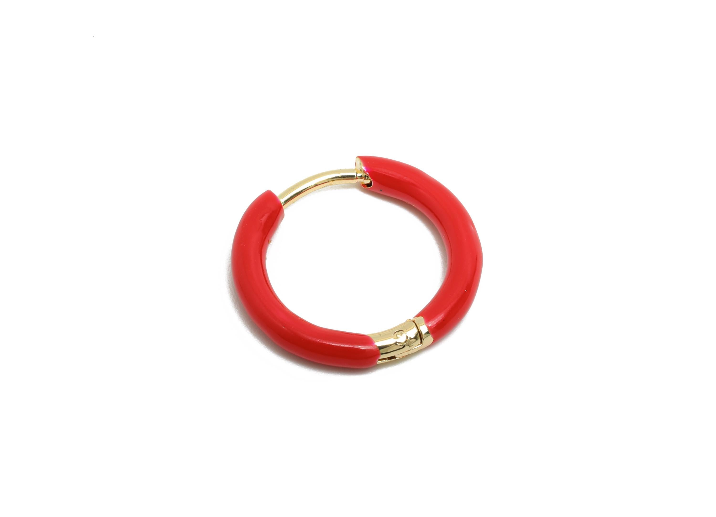 Gold Hoop Earring - Brass Enamel Red Unique Huggie Earring - Classic Hoop Minimalist Jewelry - 18K Real Gold Plated - 16.1x15x2mm - RGP9373