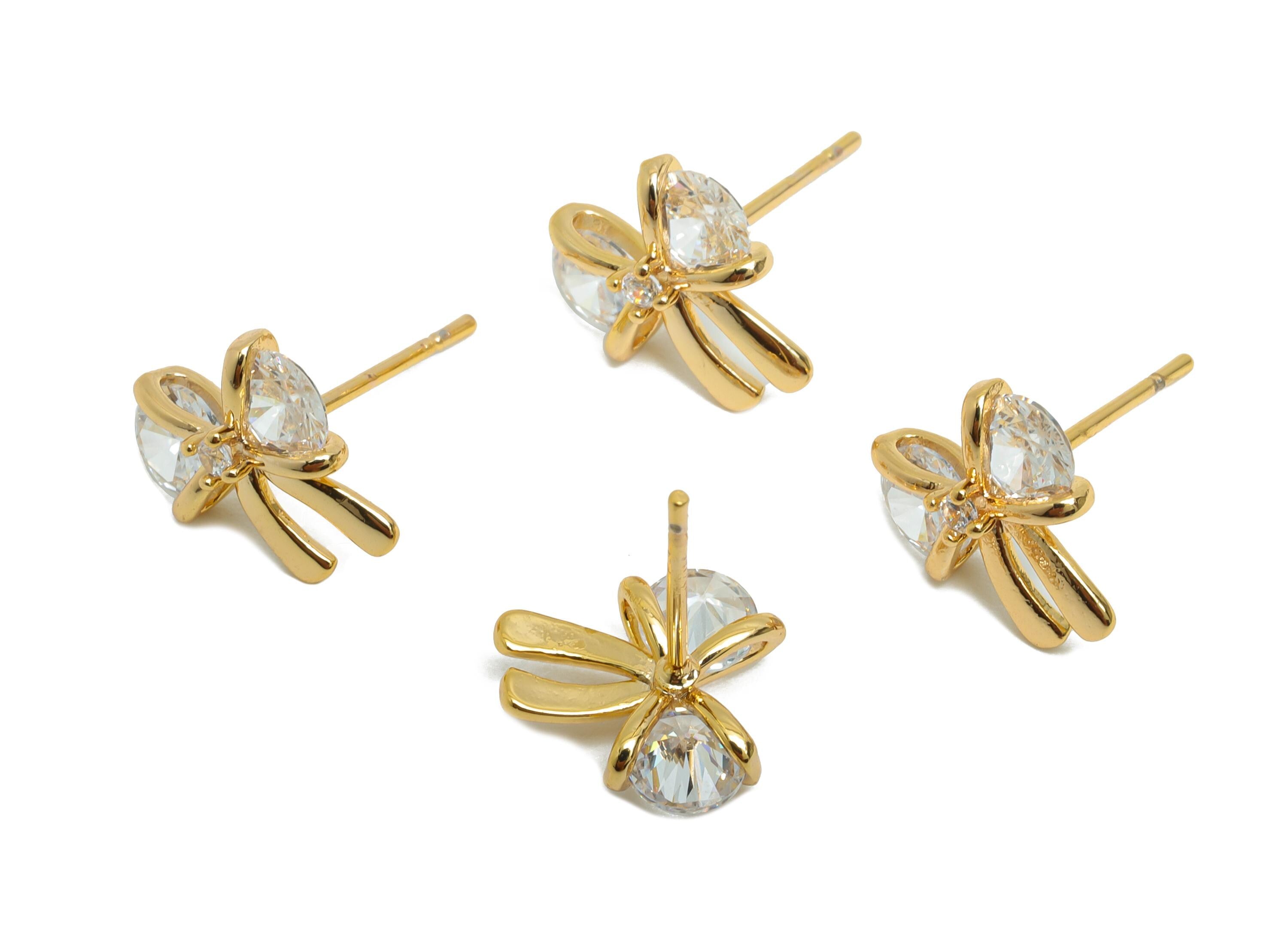 Gold Bow Earring - Brass Sparking Cute Earring Post - Feminine Elegant Jewelry  - Gift for Her- 18K Real Gold Plated - 10x10x3mm - RGP9375 - DOMEDBAZAAR