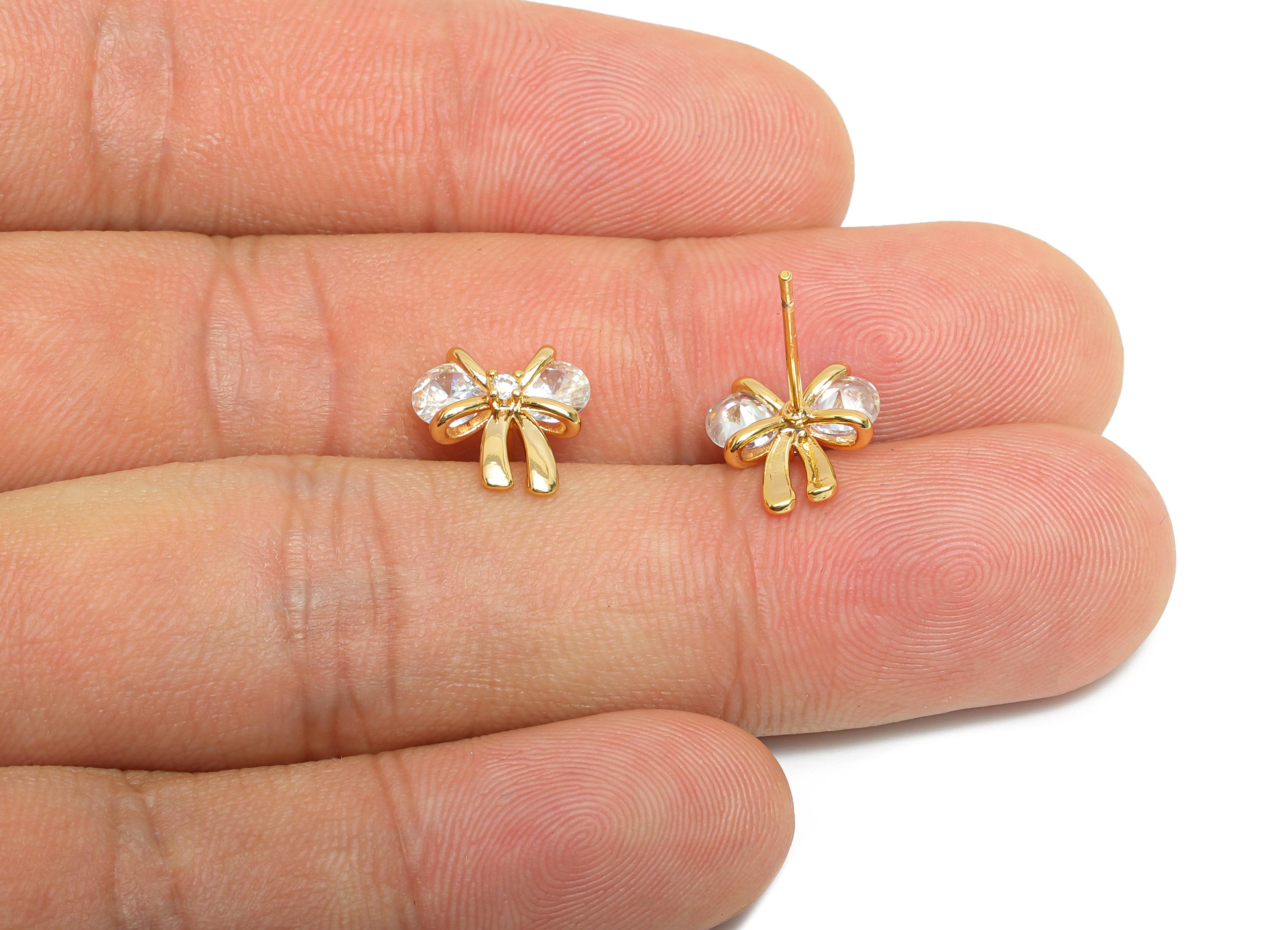 Gold Bow Earring - Brass Sparking Cute Earring Post - Feminine Elegant Jewelry  - Gift for Her- 18K Real Gold Plated - 10x10x3mm - RGP9375 - DOMEDBAZAAR