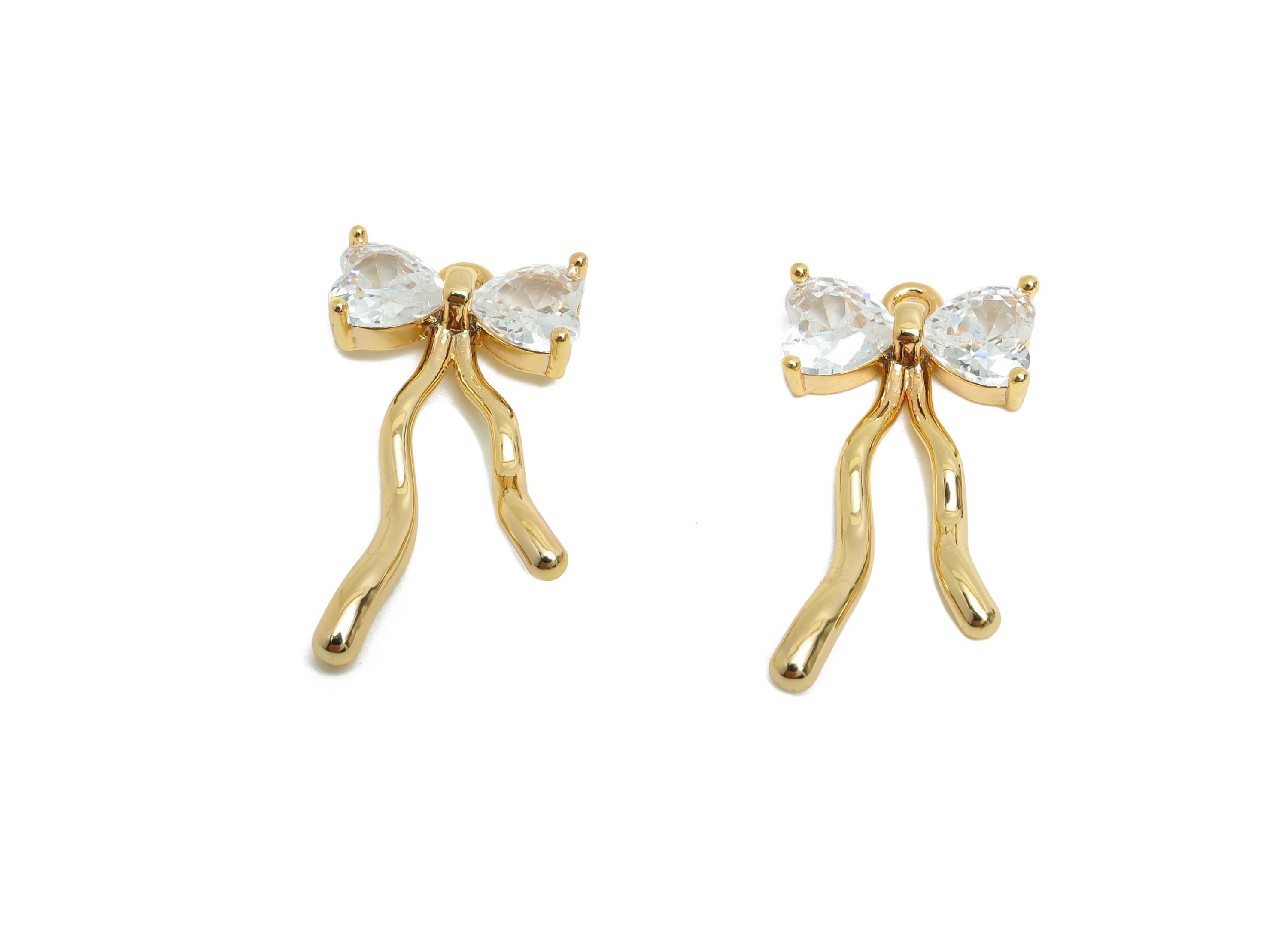 Zircon Heart Bow Pendant - Brass Elegant Crystal Embellished Bow Earring - Modern Jewelry - 18K Real Gold Plated - 21.86x11.1x3mm - RGP9379 - DOMEDBAZAAR