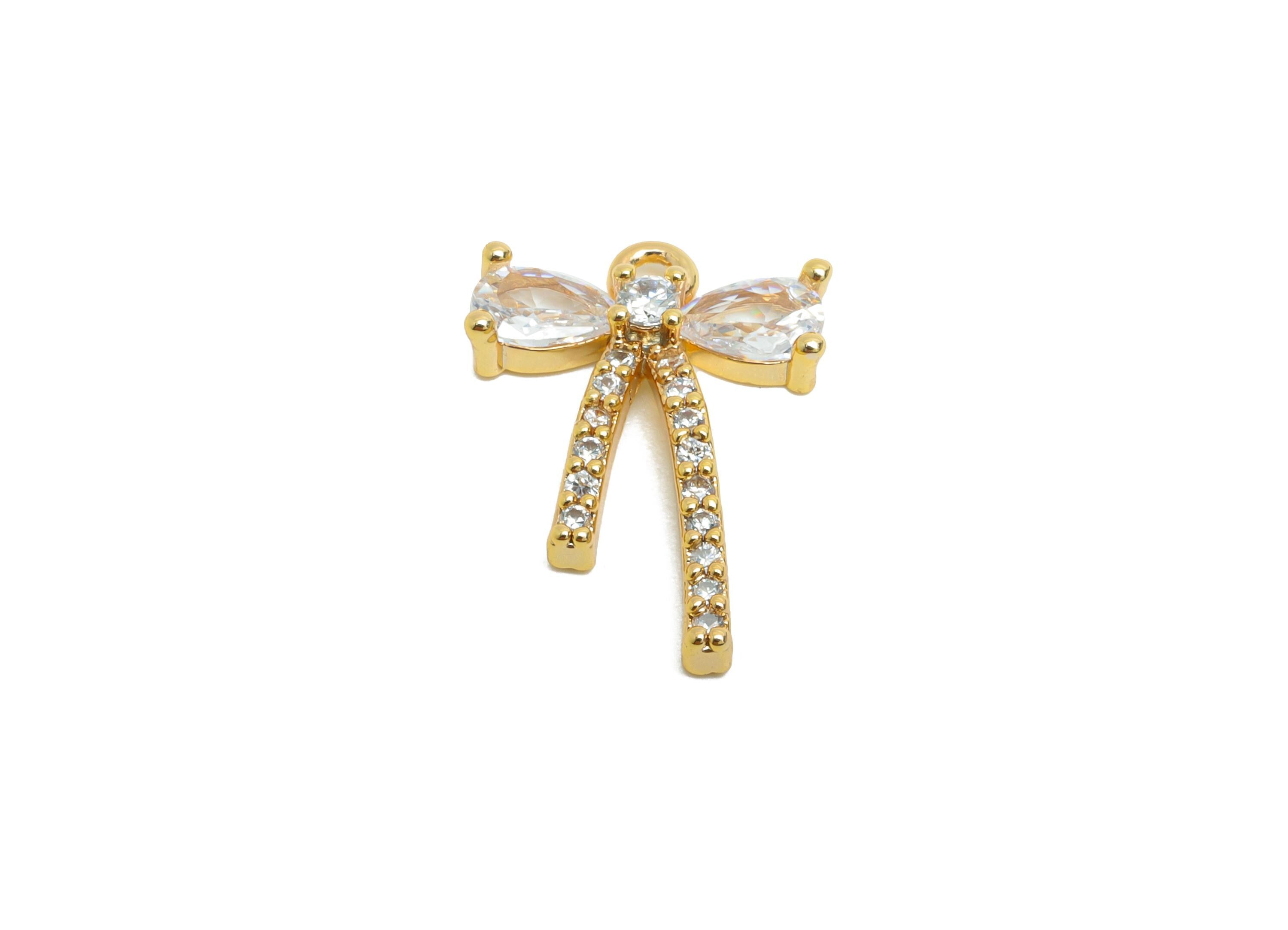 Sparking Bow Pendant - Brass Bejeweled Luxury Earring Charm - Zircon Glamorous Jewelry  - 18K Real Gold Plated -  16x11x3mm - RGP9383 - DOMEDBAZAAR